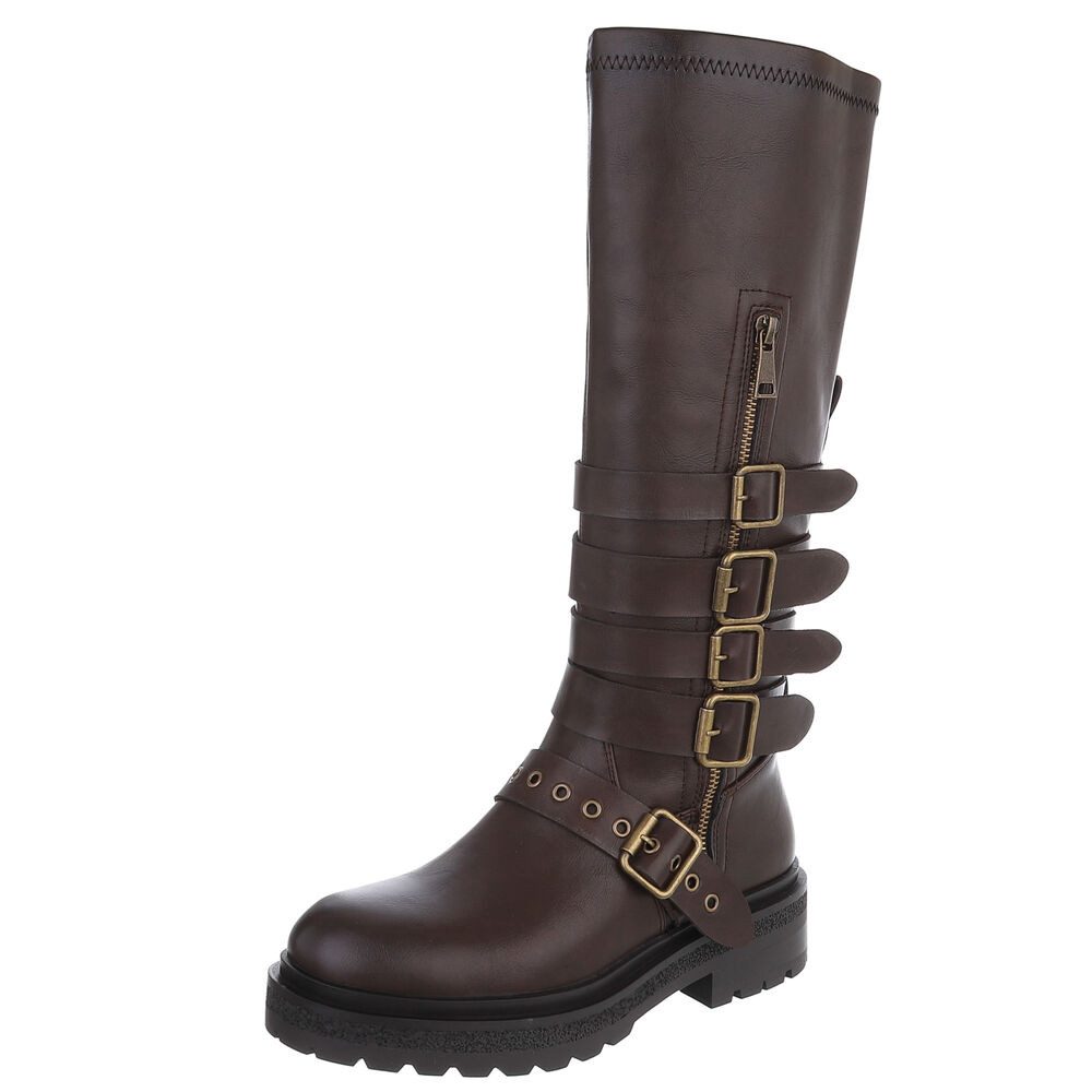 Ital-Design Hochwertige Damenstiefel mit Schnallen und Reißverschluss Plateaustiefel (90471359) Blockabsatz Stiefel in Braun