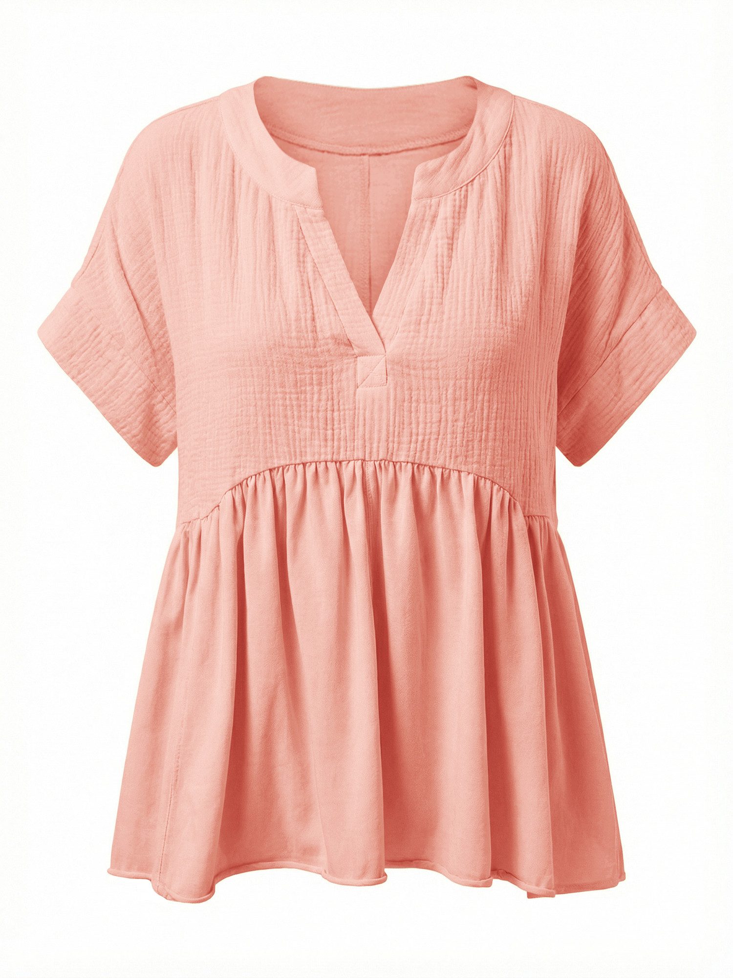 Imily Bela Rüschenbluse Damen V-Ausschnitt geraffter Saum Lässig Sommer Oberteil aus Baumwolle (Packung, 1-tlg., 1per-Pack) Kurzarm in Unifarbe – Bild 5 von 5