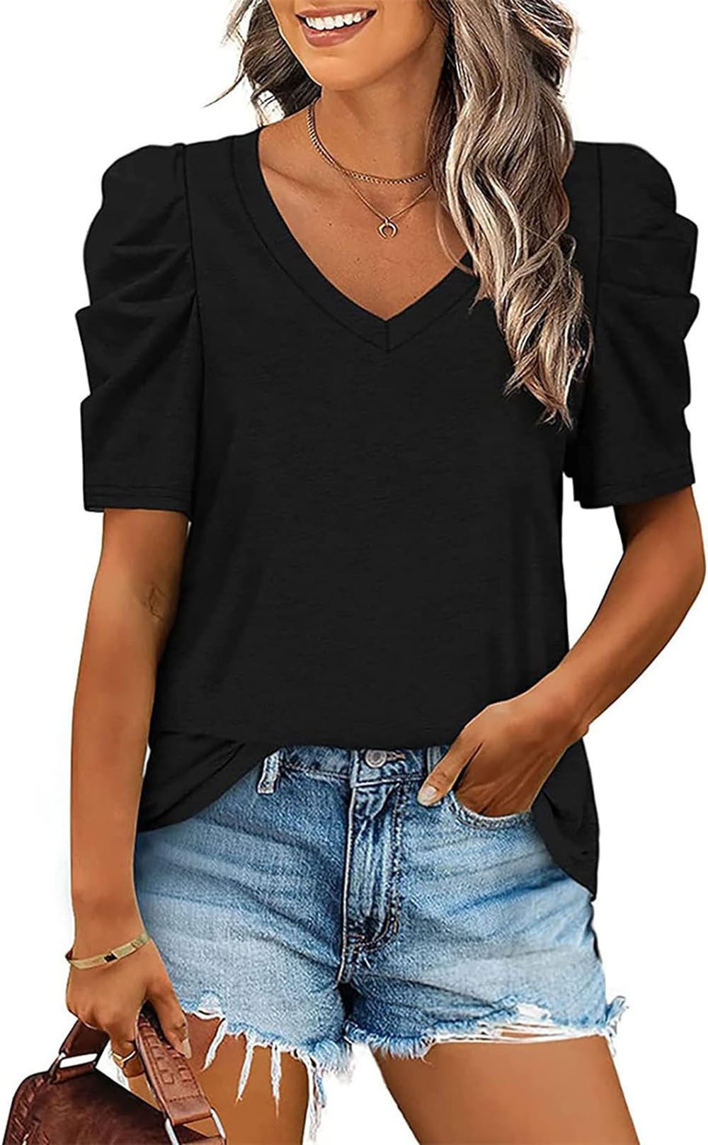 BlauWave Kurzarmbluse Damen T Shirt V-Ausschnitt Kurzarm Sommer Tops (1-tlg) Puffärmel Elastischer