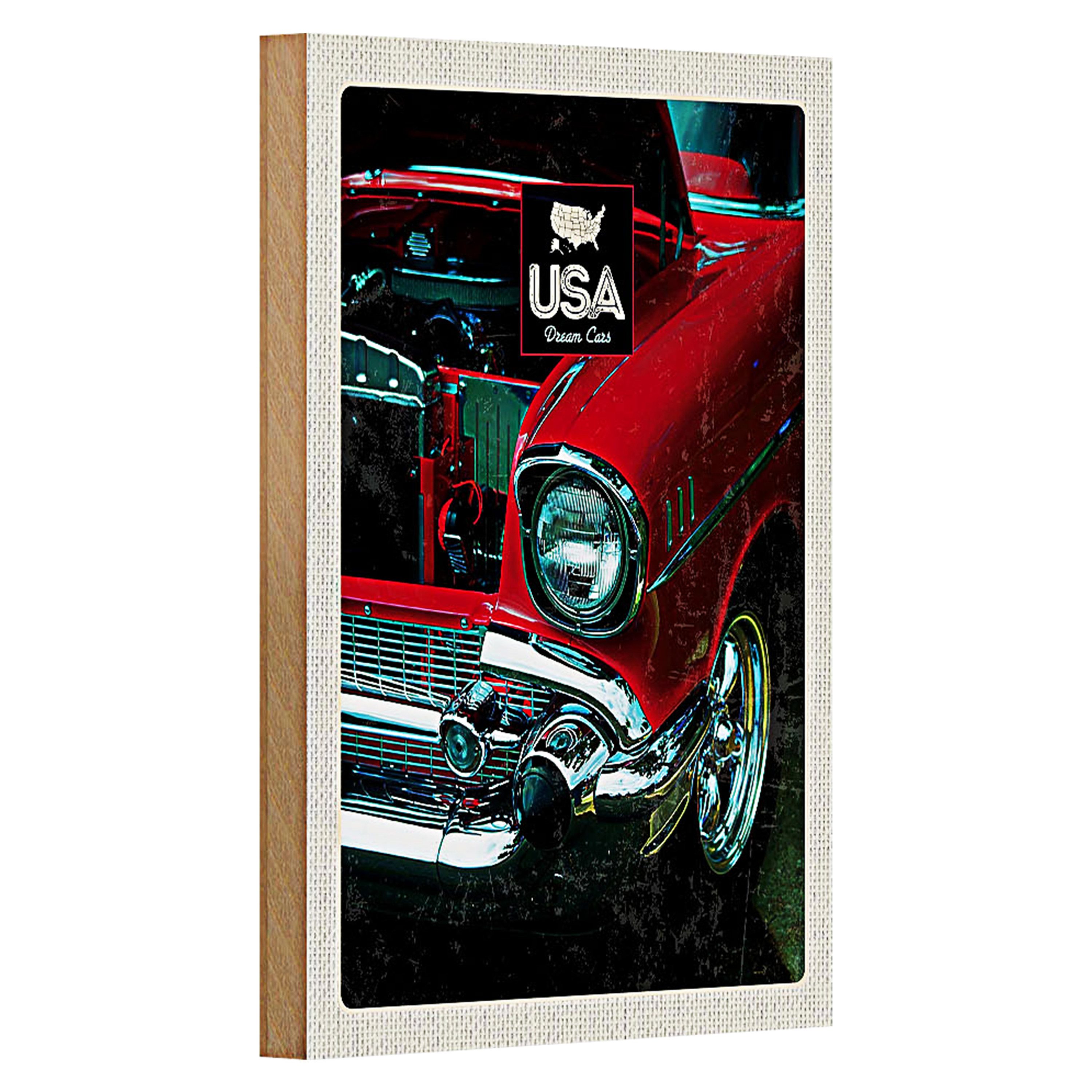 Roomando Holzbild Reise 12x18cm Amerika Oldtimer 90er rot Urlaub