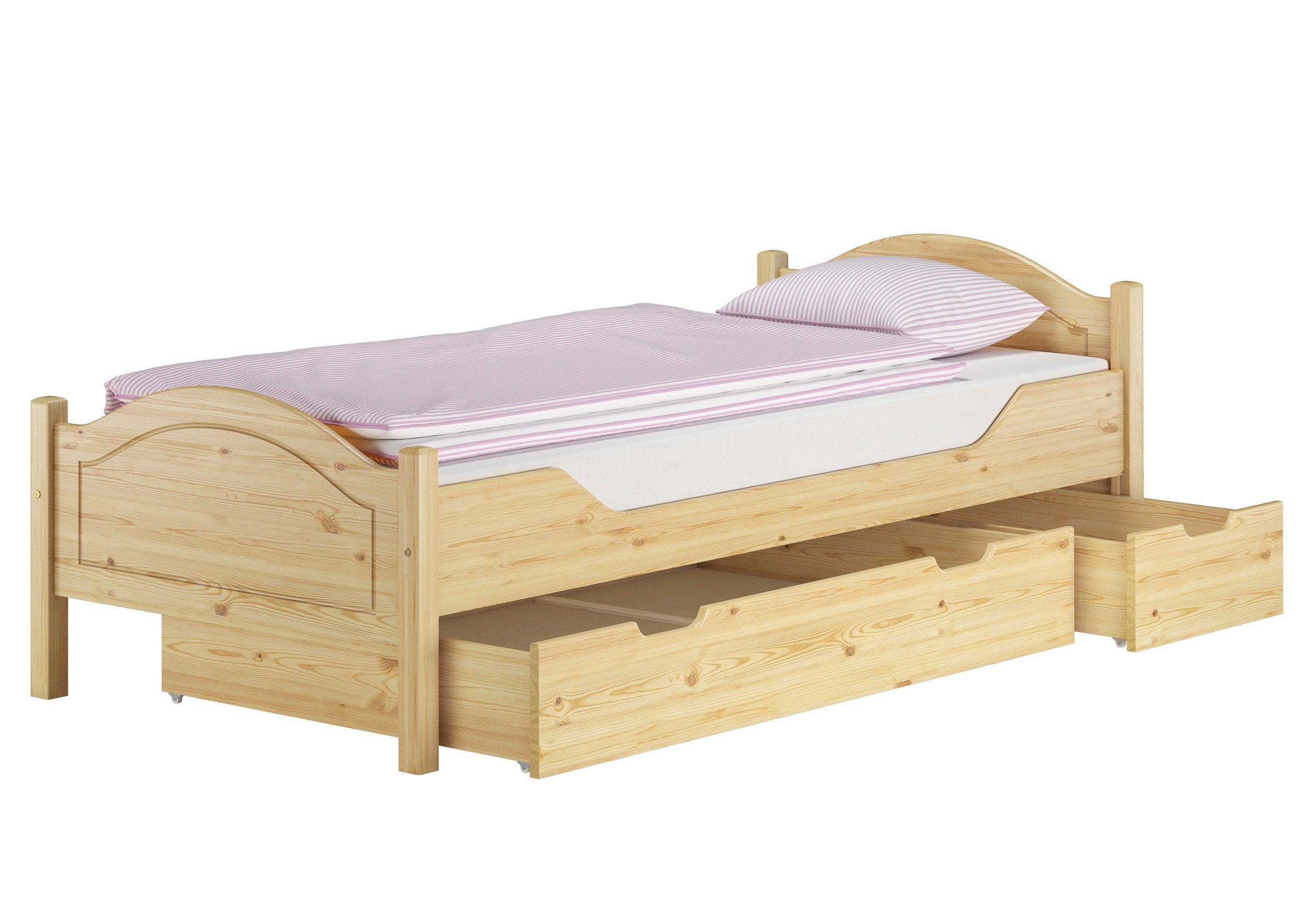 90x200, ERST-HOLZ Massivholz-Einzelbett Bett lackiert Kieferfarblos mit Kiefer Rollrost