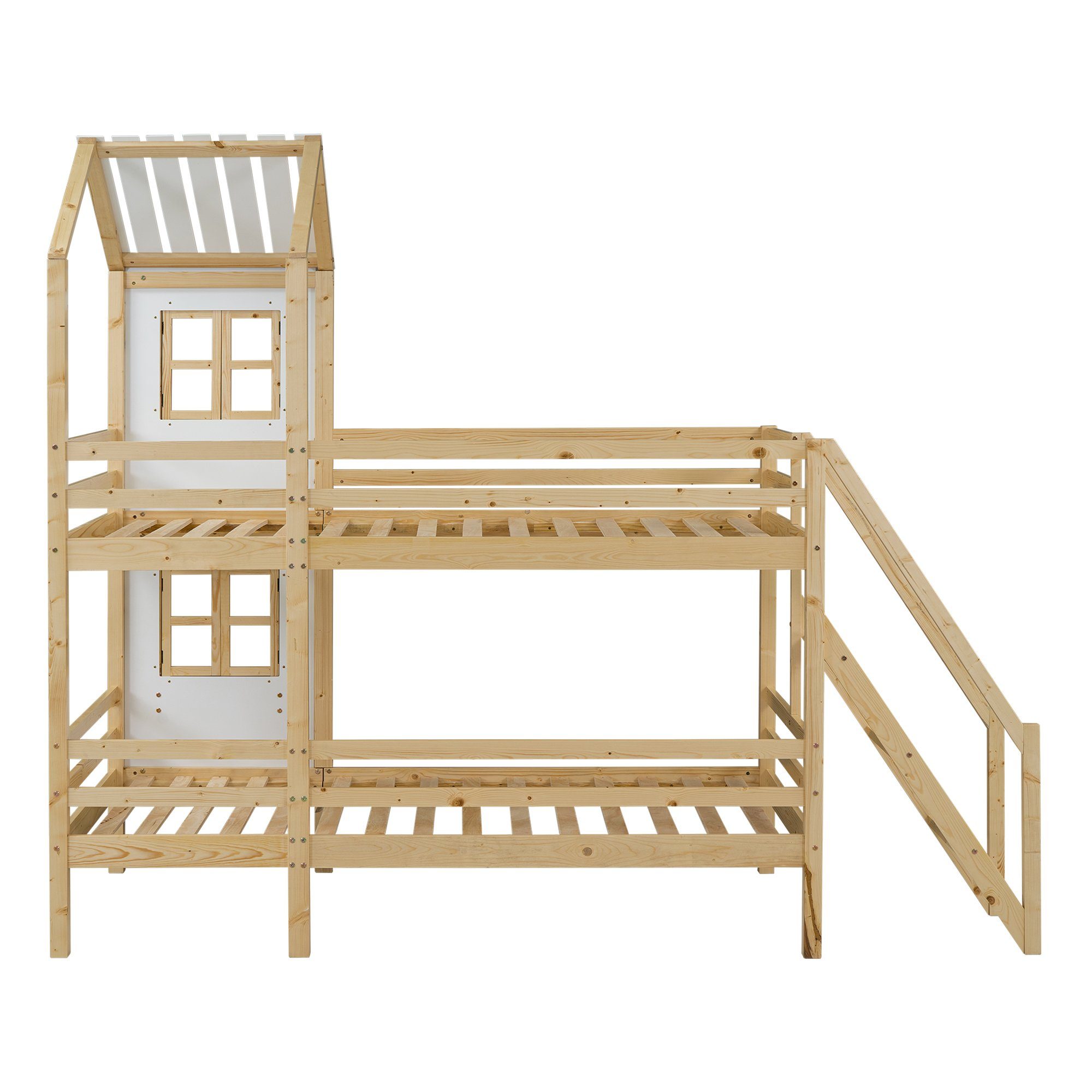 Etagenbett (Hochbett Kinderbett 90x200 cm), inklusive Trittleiter und Rundum-Absturzschutz, Kiefer