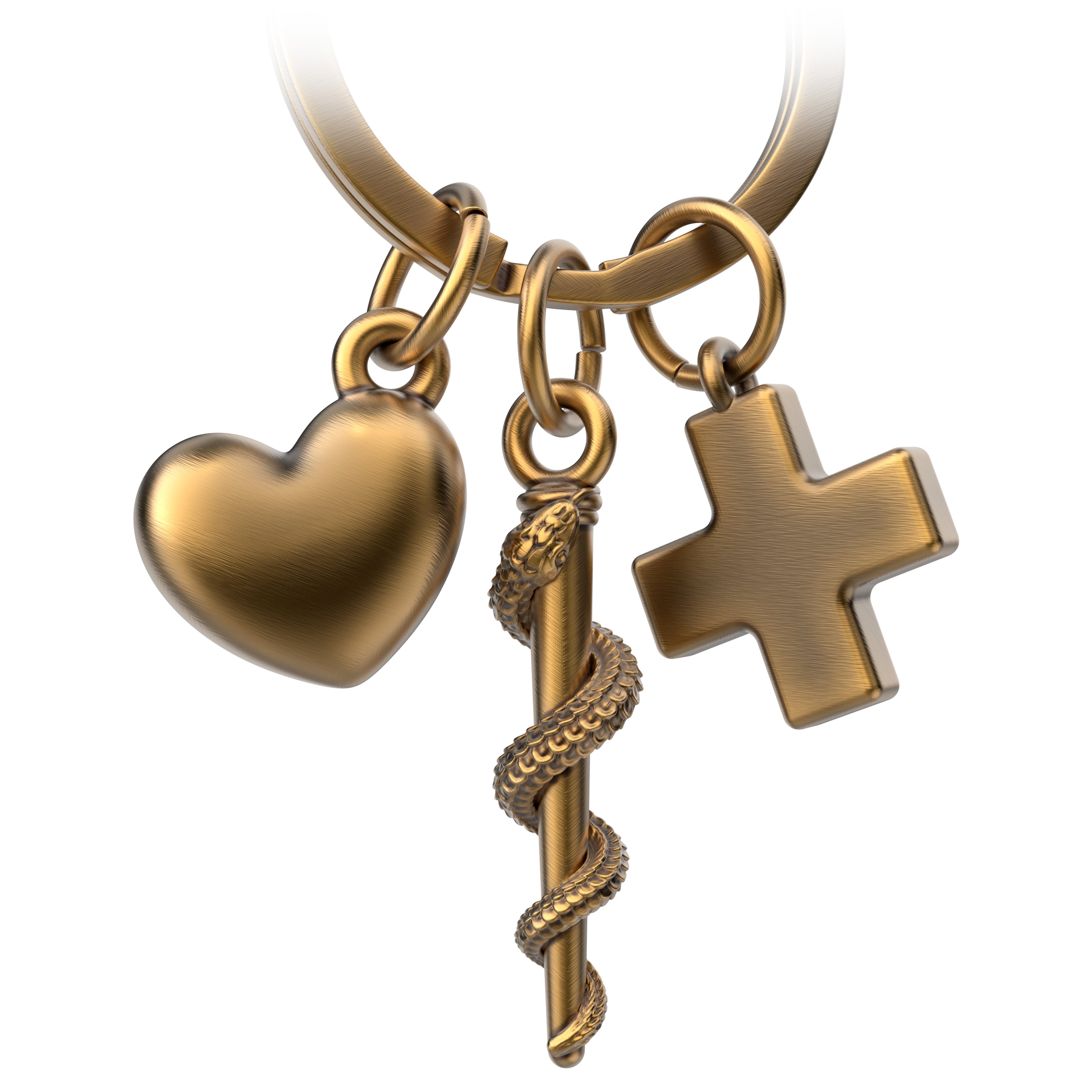 FABACH Schlüsselanhänger und Asklepios Schlüsselanhänger mit Antique Äskulapstab Herz Bronze Kreuz