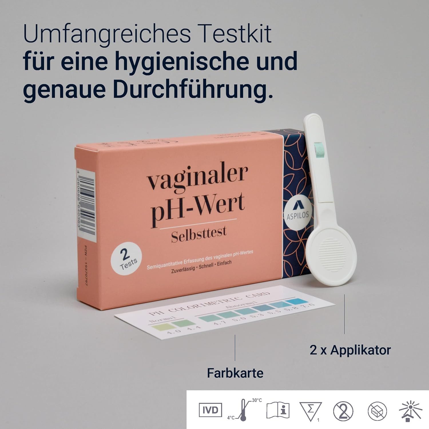 ASPILOS Harnsäure-Teststreifen Vaginaler pH-Selbsttest schnelle Ergebnisse für Zuhause in Sekunden, 2 x Teststreifen, semiquantitative Erfassung des vaginalen pH-Wertes 2-St., Vaginitis, medizinischer Schnelltest, pH-Teststreifen, Labor-Qualität