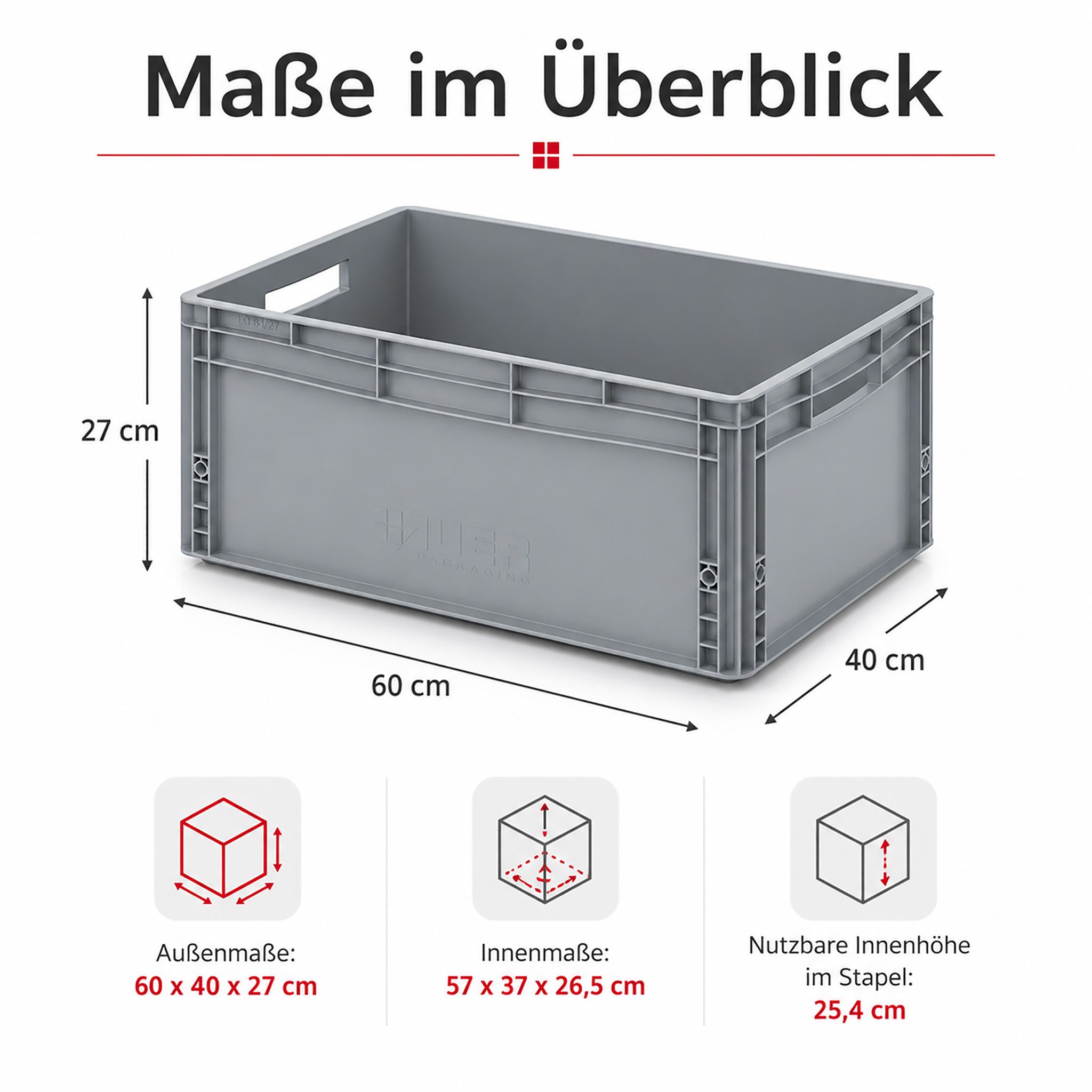 AUER Packaging GmbH Transportbehälter AUER Eurobehälter EG 64/27, 60 x 40 x 27 cm Transportbox Lagerkiste, (1-St), stapelbar