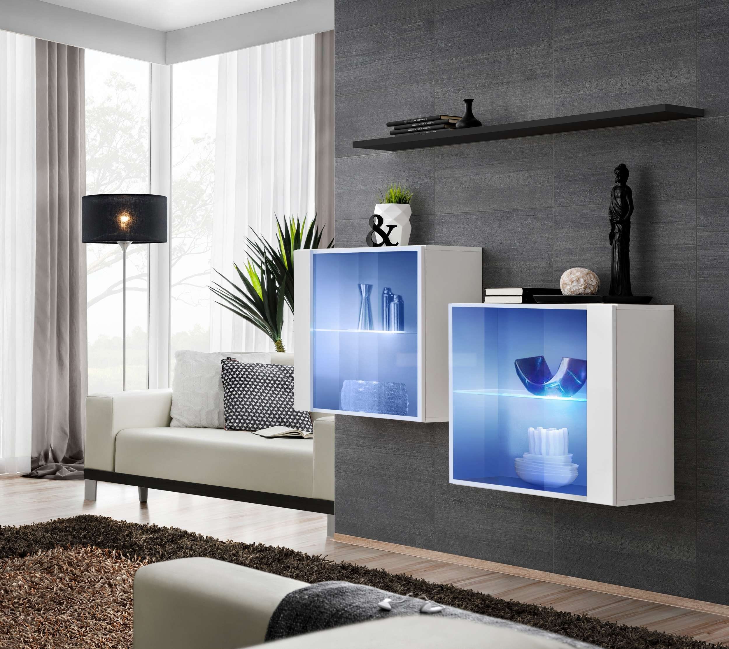 Stylefy Wohnwand Swotch SB III 110x130x30 cm, (Wohnmöbel, Wohnzimmer-Set, Set (3-St), bestehend aus 2xHängevitrine, 1xWandboard, Hochglanzfronten, mit Glaseinsatz, inkl. LED-Beleuchtung, mit Push-to-Open, Modern Weiß - Schwarz