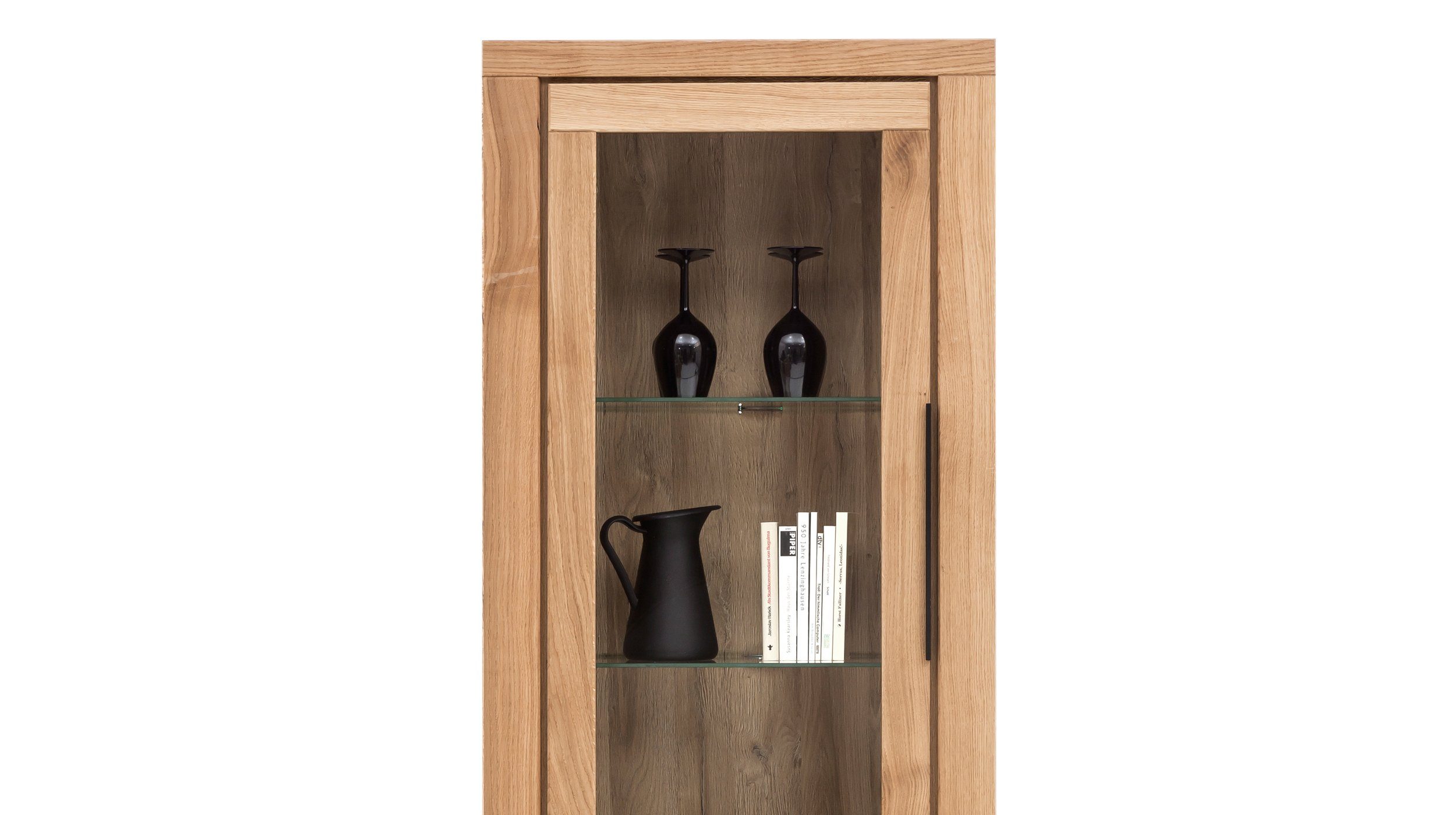 Vitrine mit Einlegeböden Glaseinsatz und / teilmassiv Tür 2 / Eiche Greta / Massivart® Glas Vitrinenschrank