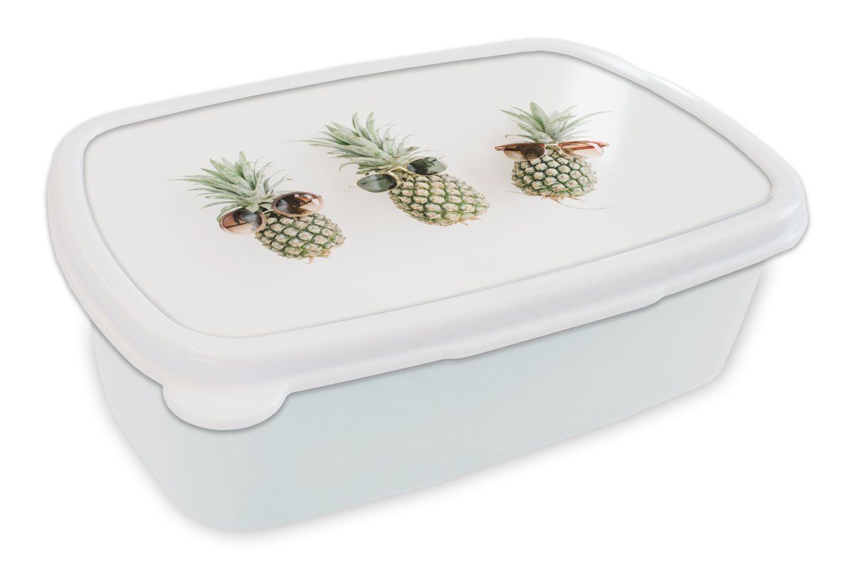 MuchoWow Lunchbox Ananas - Tropisch - Sonnenbrille, Kunststoff, (2-tlg), Brotbox für Kinder und Erwachsene, Brotdose, für Jungs und Mädchen weiß