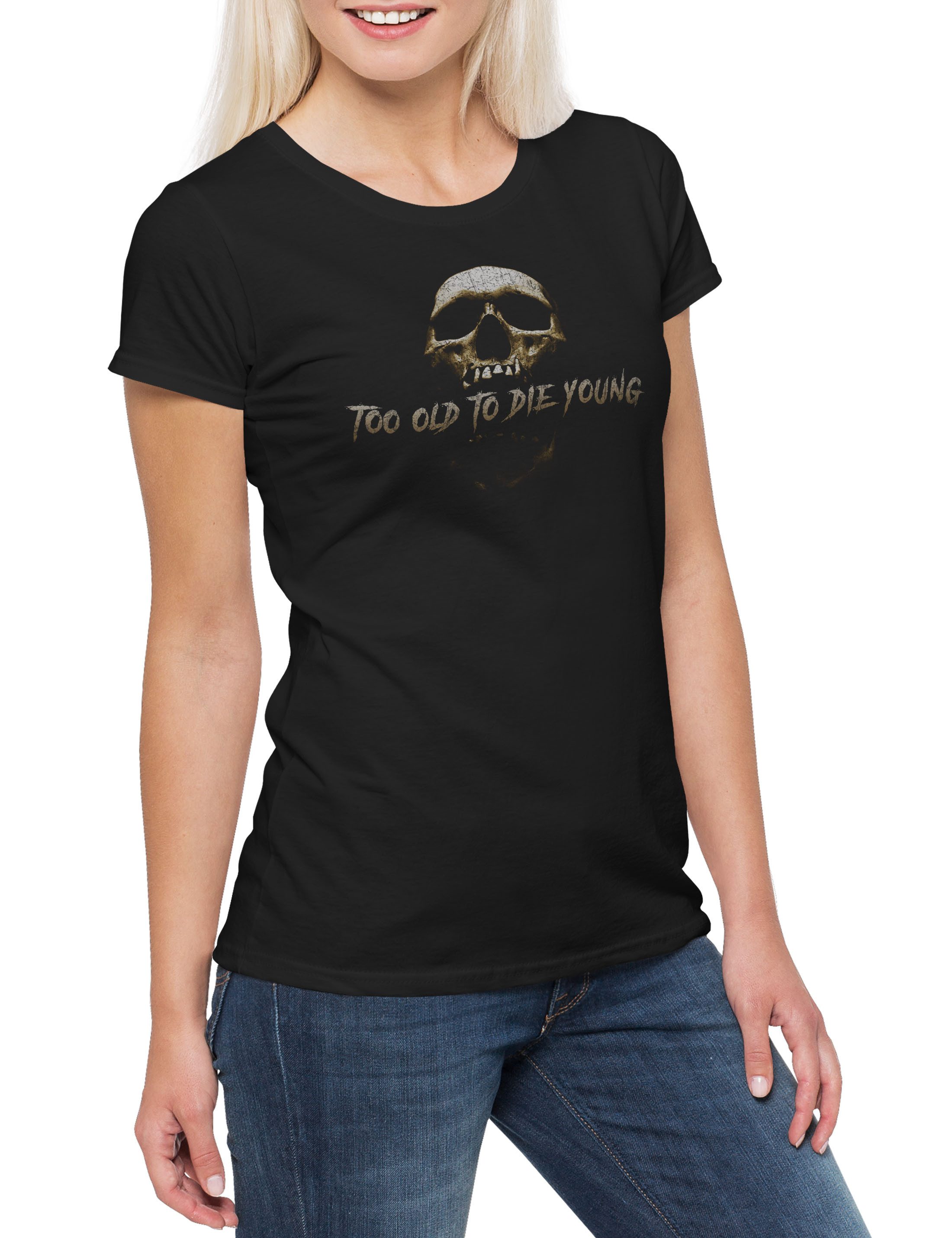 Urban Backwoods Print-Shirt Too Old To Die Young Damen T-Shirt Biker Club MC Rocker Adler Eagle (1-tlg) Criminal Gangster Outlaw Skull