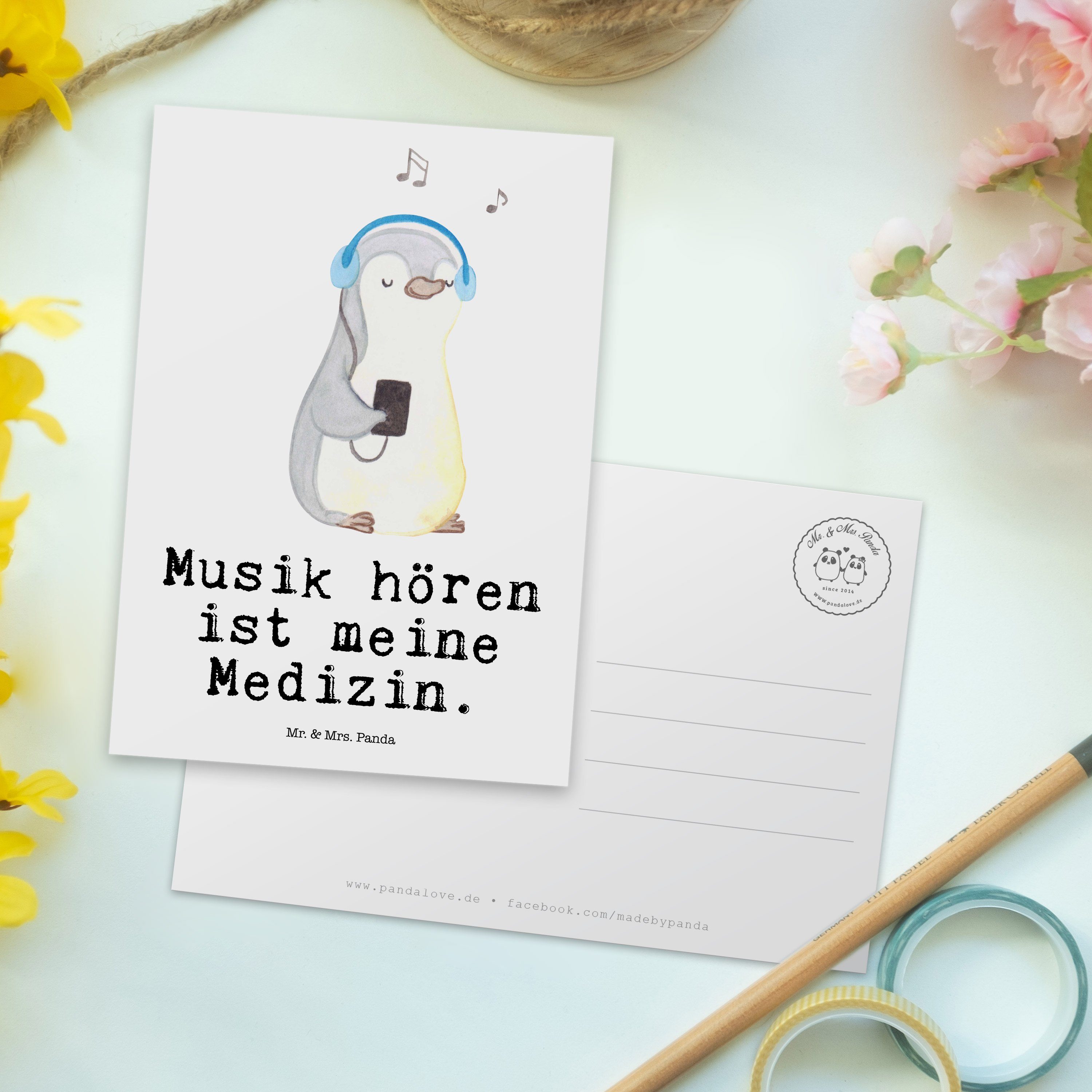 hören Musik Pinguin - Mr. Panda Postkarte - Lieblingssong, Weiß Medizin Geschenk, Mrs. & Auszeic