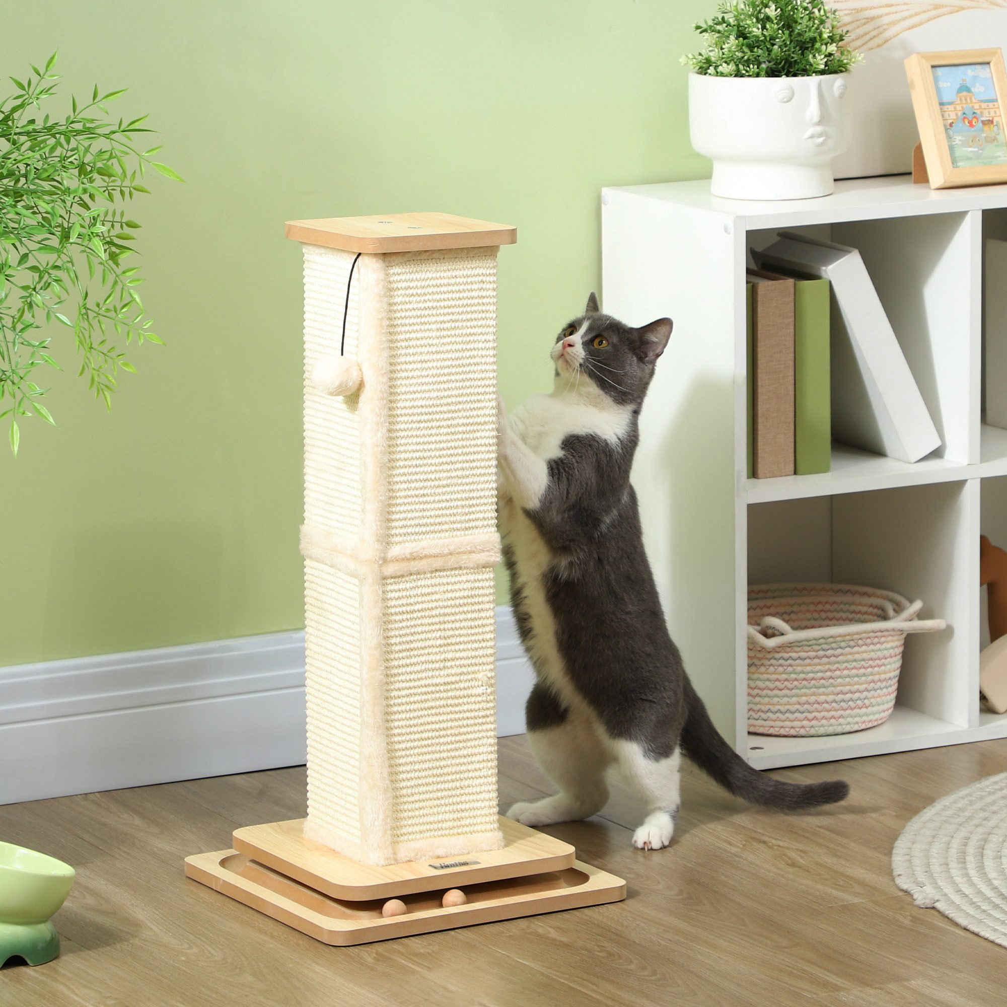 PawHut Kratzbaum 3-in-1 Design, 67cm Kratzsäule, Sisal-Katzenkratzbaum mit Spielball, Indoor, Eiche