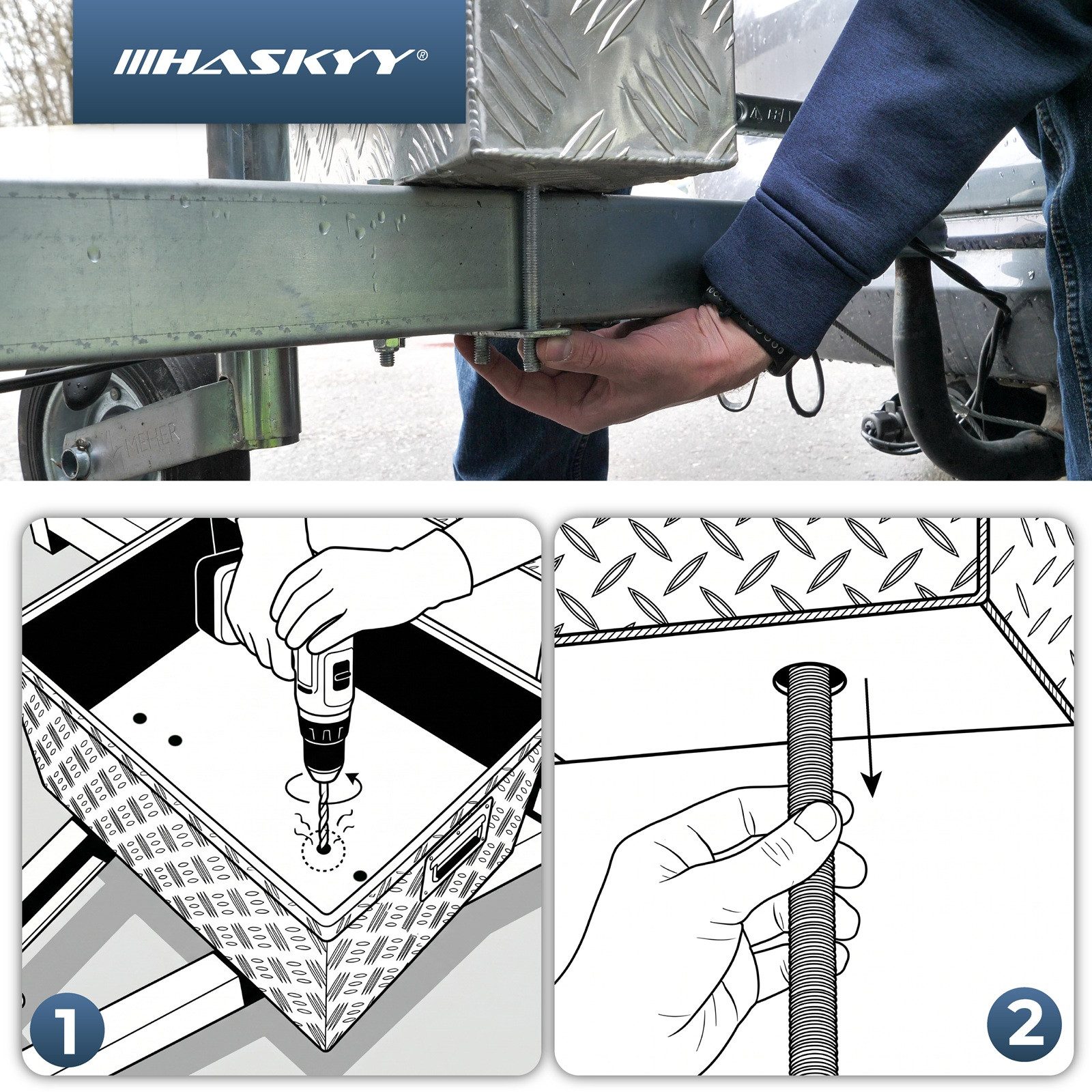 HASKYY Anhänger-Deichselbox Zurrbügel Set Alu-Deichselbox verzinkter Stah Schrauben & Platten Univ – Bild 4 von 5