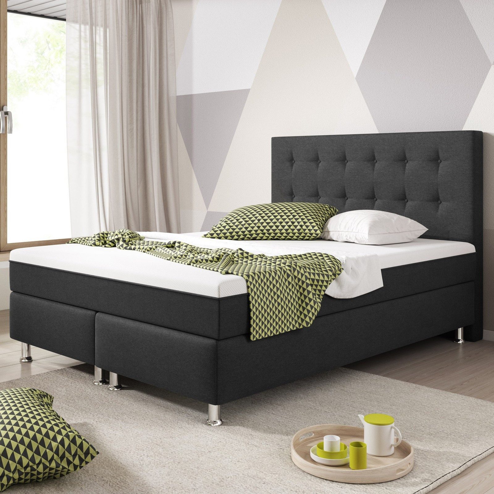 Homeline Boxspringbett Boxspringbett Köln Plus 140x200 cm Webstoff Braun/Anthrazit /Schwarz (Set Angebot), Taschenfederkernmatratze