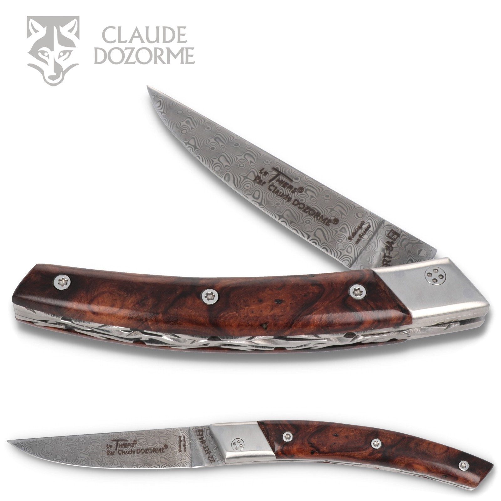 Claude Dozorme Taschenmesser 5.90.320.BFD, Le Thiers RLT - Griff 12cm Eisenholz - Damastklinge - Platine verziert