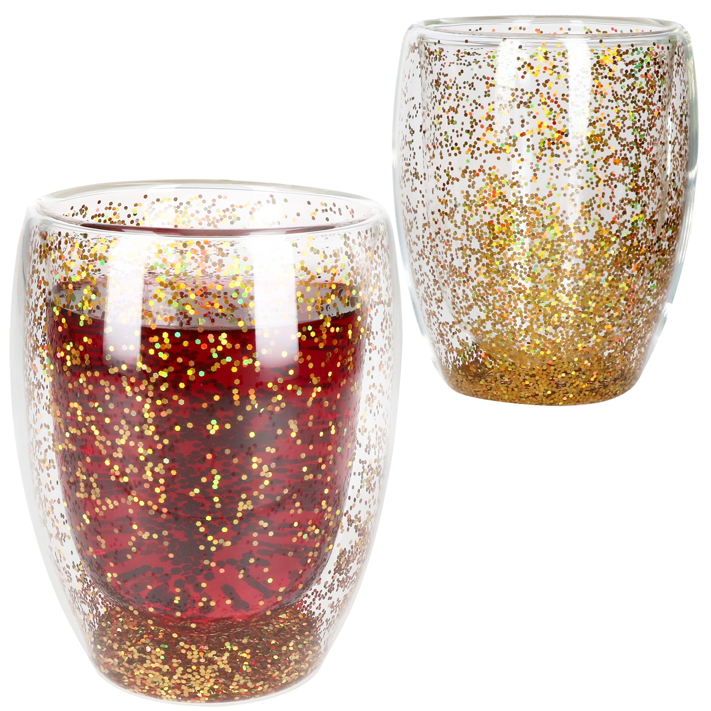 MamboCat Glas 2x Konfetti doppelwandiges Thermo-Glas Gold-Glitzer 270ml, Glas