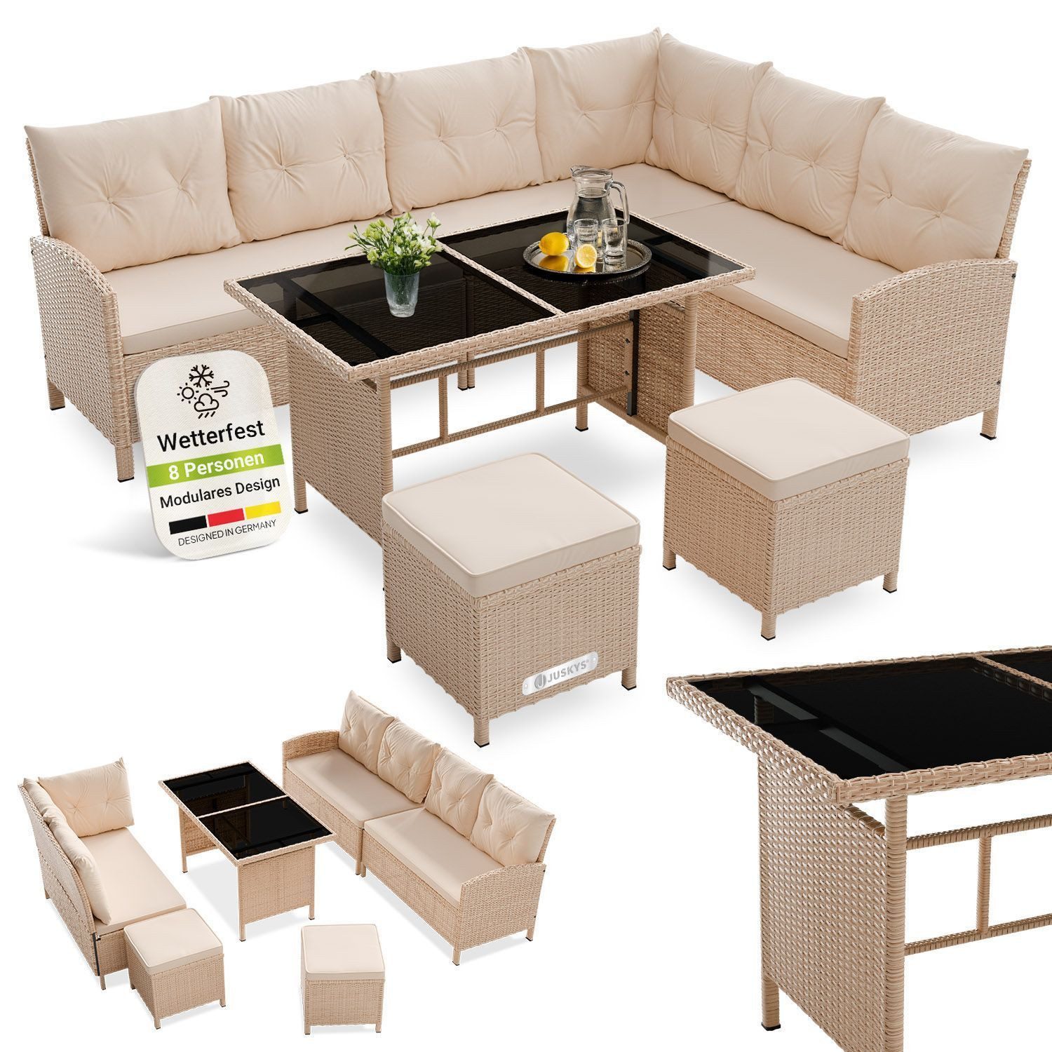 Juskys Gartenlounge-Set Manacor, (Gartenlounge), Polyrattan Gartenmöbel-Set mit Garten-Sofa, Garten-Tisch und 2 Hocker