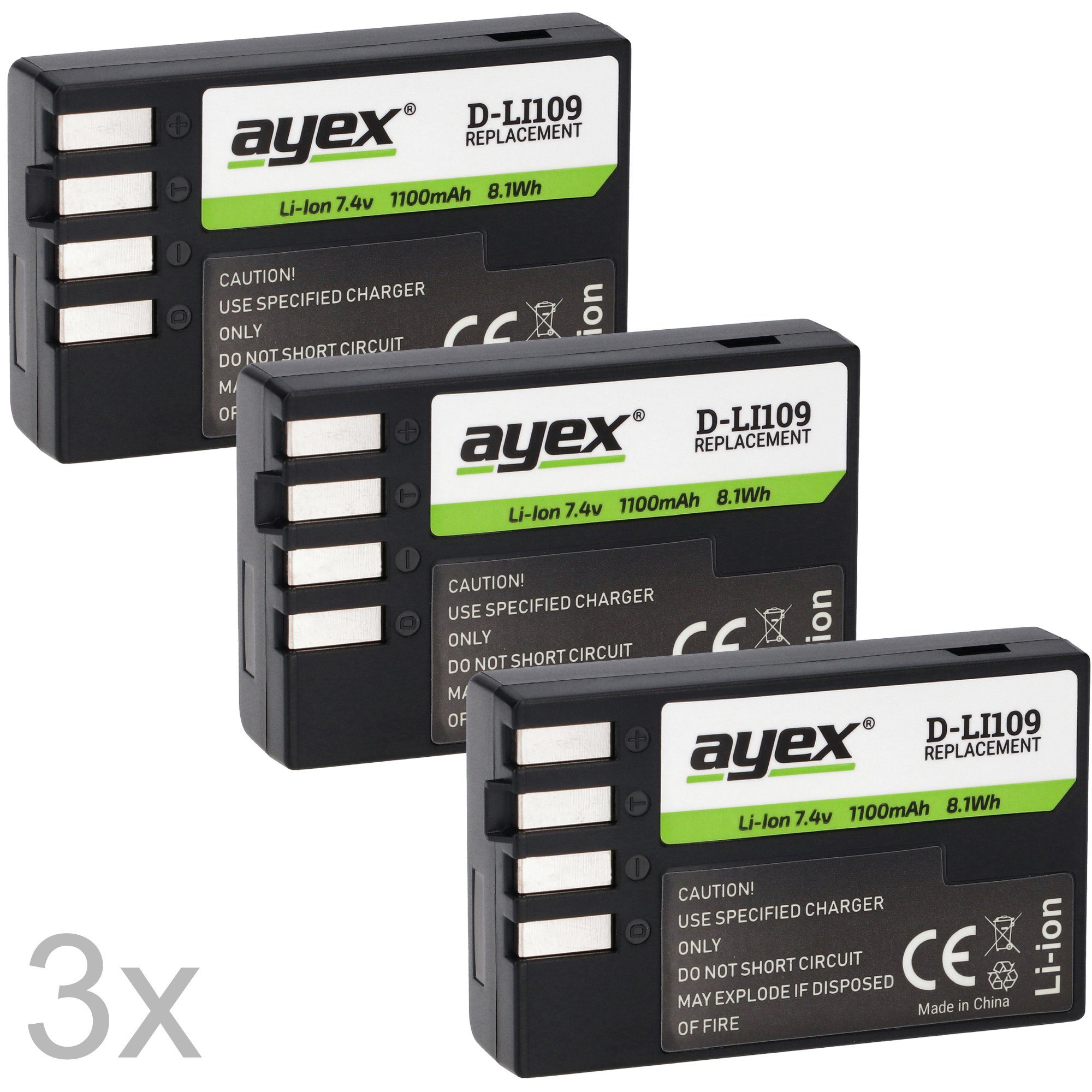 ayex 3x D-Li109 Akku für z.B. Pentax K-S2, K-S1, K-500, K-50, K-30, K-R Kamera-Akku