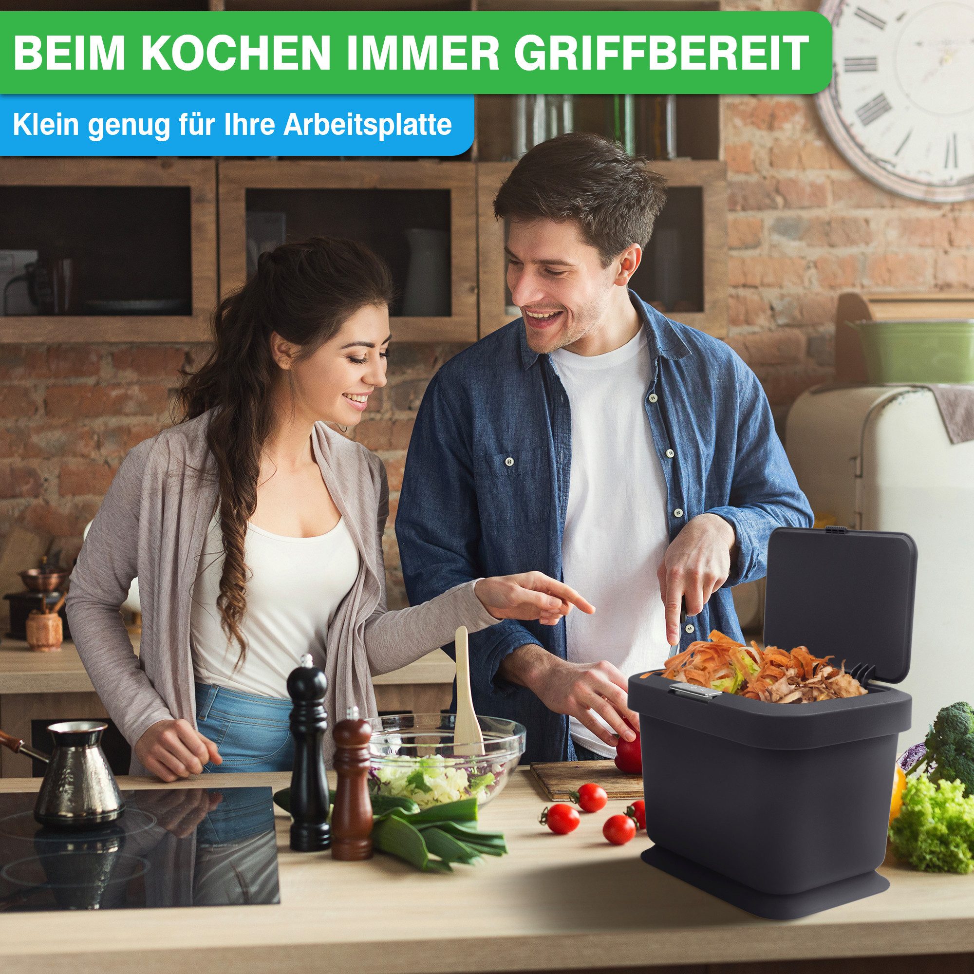 YourCasa Biomülleimer Küche 5L - Deckel mit Knopfdruck-Mechanismus- Komposteimer, Deckel mit Knopfdruck-Mechanismus, Antirutsch