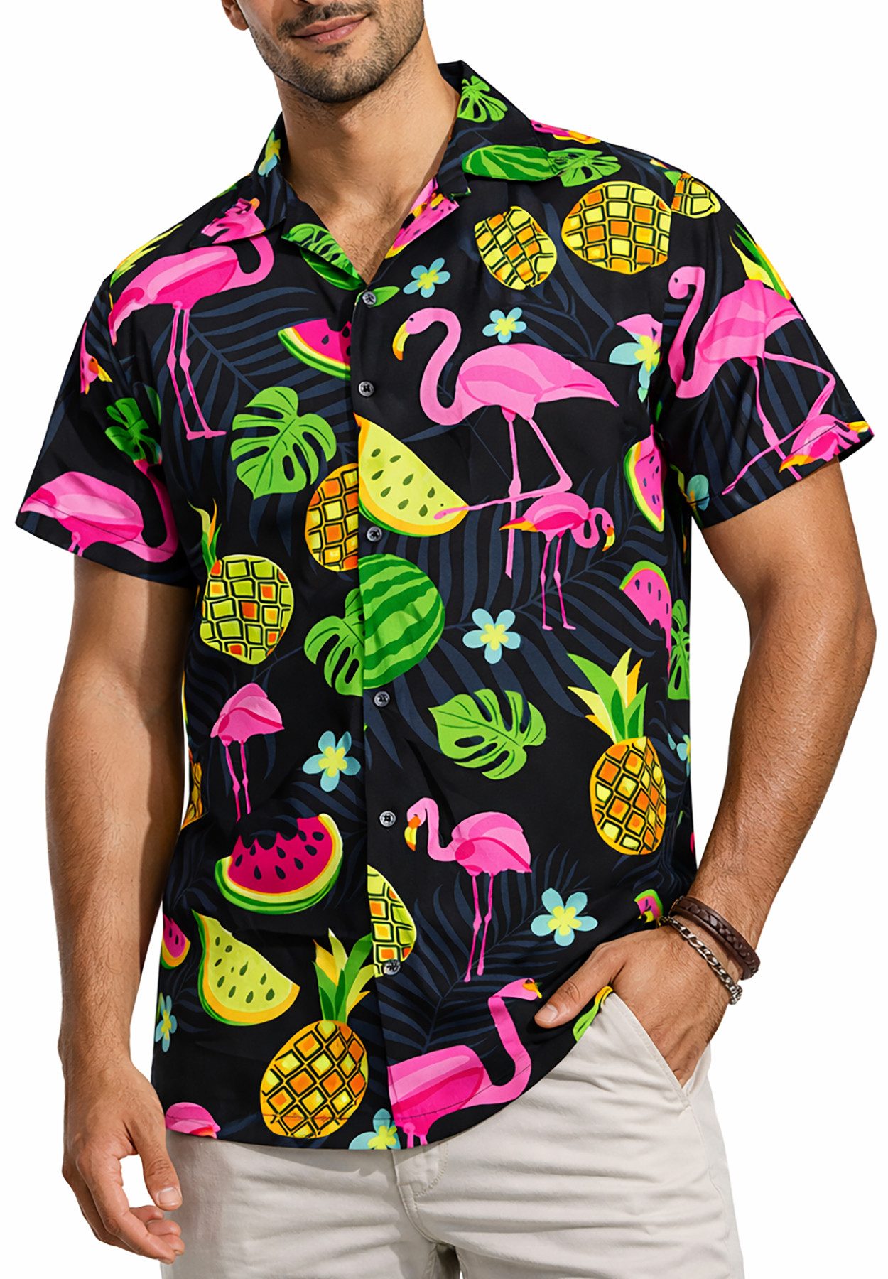 King Kameha Hawaiihemd "Flamingo Melone" Funky Hawaiihemd Herren Kurzarm Fronttasche Stylish