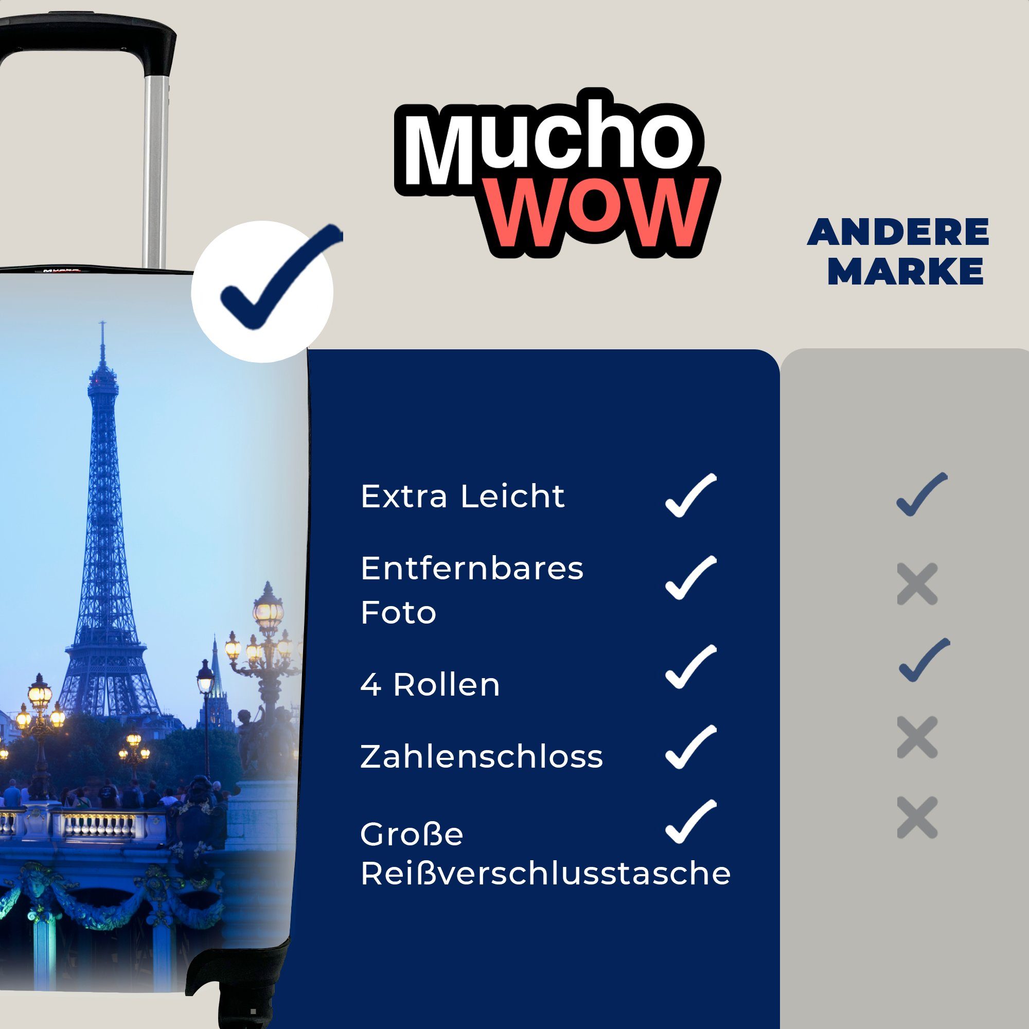 MuchoWow Handgepäckkoffer Eiffelturm - Mond 4 Handgepäck Reisetasche Ferien, - mit Reisekoffer Paris, Trolley, Rollen, rollen, für