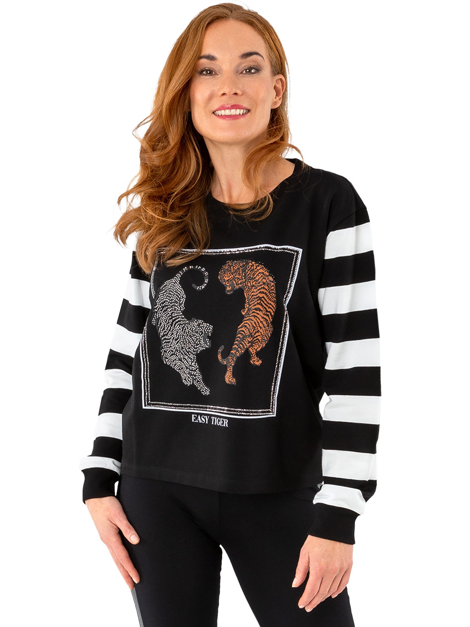 Estefania for woman Rundhalspullover 196-7105, Pullover "easy tiger " mit Strassbesatz Strassbesetzte Tiger