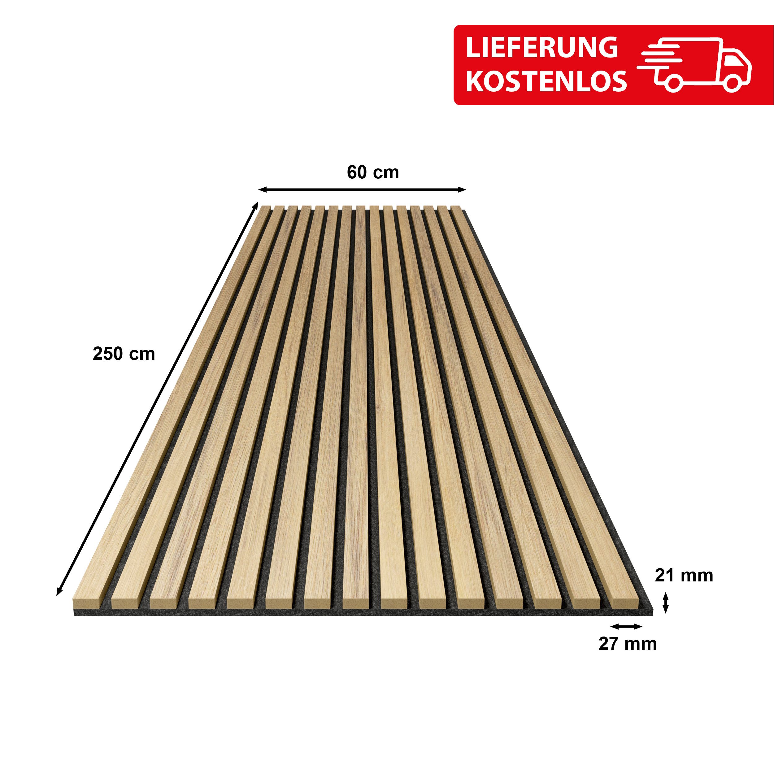 acous 3D Wandpaneel Akustikpaneel Professional FSC® Premium Echtholzfurnier, BxL: 60,00x250,00 cm, 1,50 qm, (Packung, Kostenlose Lieferung) 15 Echtholz-Dekoleisten mit 8 mm Filz-Akustikträger