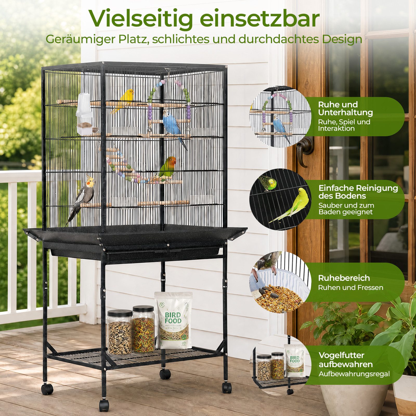 PFCTART Vogelkäfig Papageienkäfig XXL – Großer Vogelkäfig aus Metall mit Rollen, Sicheres Design mit Schloss, Sitzstangen & herausnehmbarer Bodenwanne