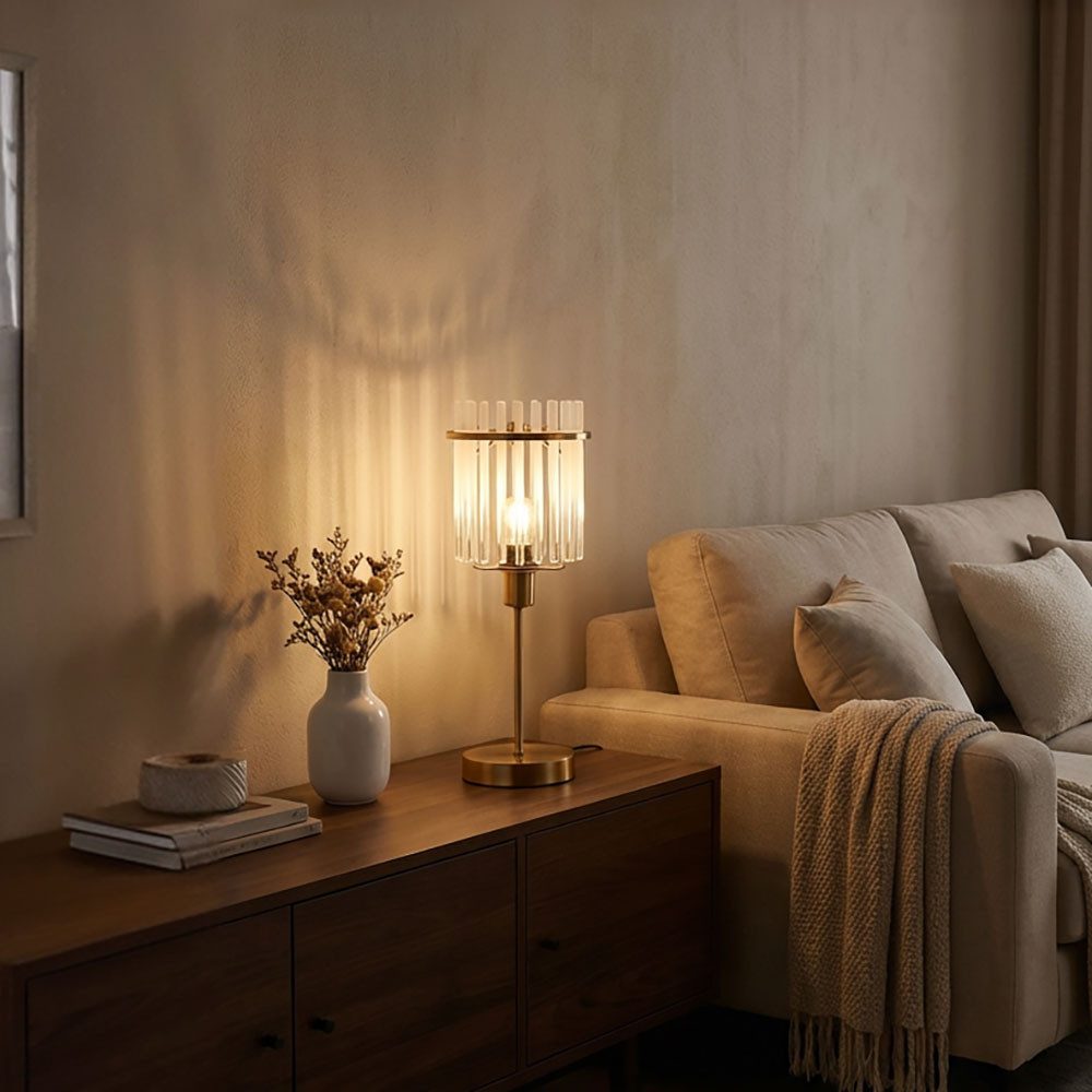 GLOBO LIGHTING Tischleuchte, Leuchtmittel nicht inklusive, Tischleuchte Nachttischlampe Metall Gold Glasstäbe E14 H 37,5 cm