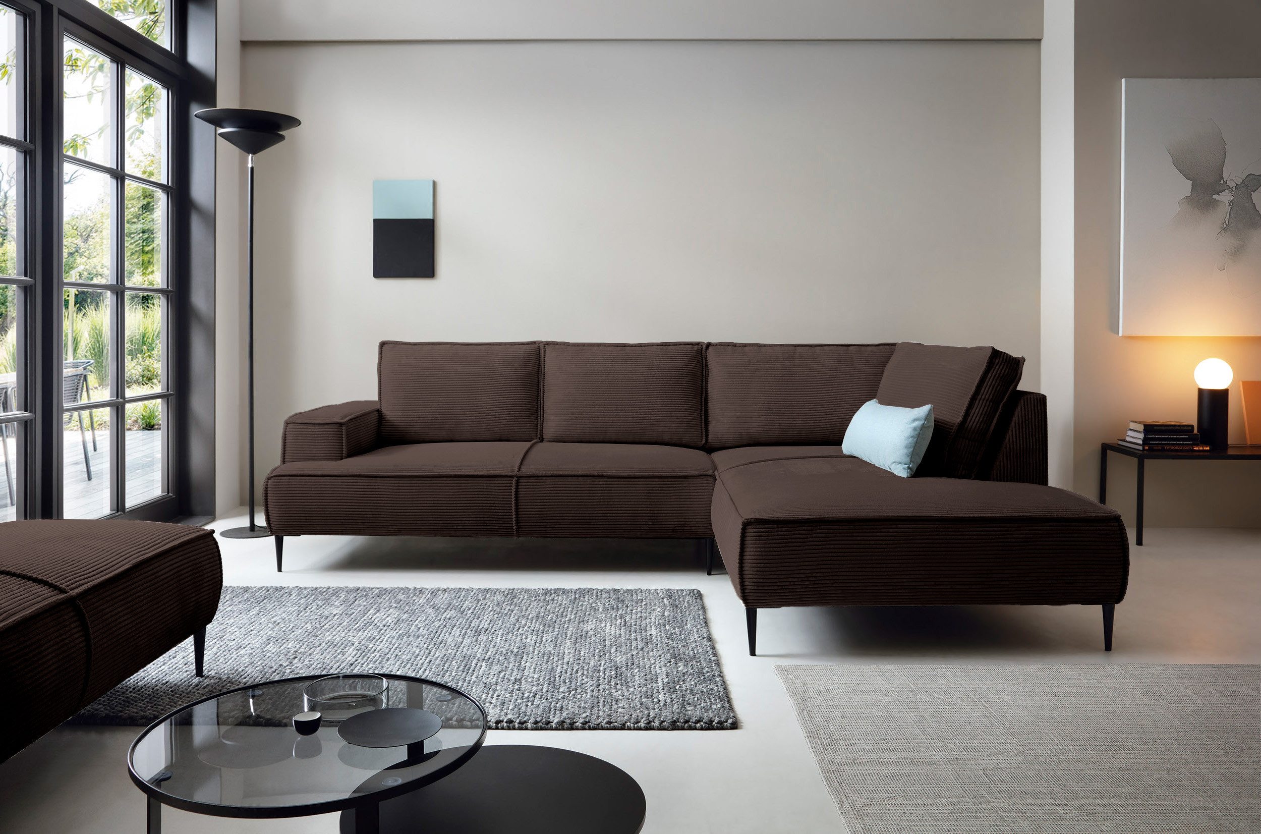 Goldstoff Ecksofa Cord VESPA L Beige – großes Wohnlandschaft Sofa L-Form, Großzügige Sitzfläche