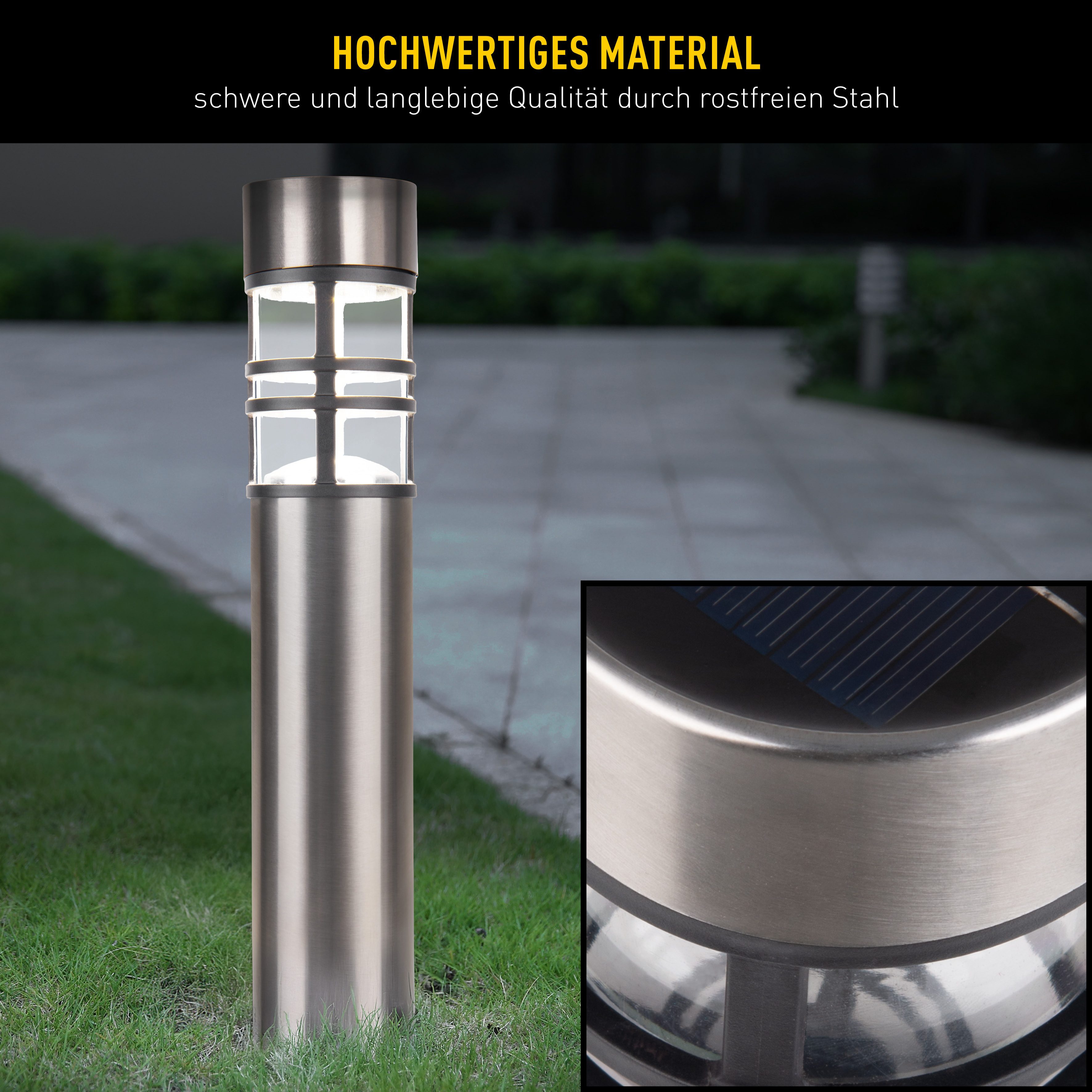 näve LED Solarleuchte Bobby, Ein-/Ausschalter, Tageslichtsensor, Leuchtmittel wechselbar, Warmweiß, 3er Set, Dämmerungssensor, Schiebeschalter, Höhe 42cm, Edelstahl, IP44