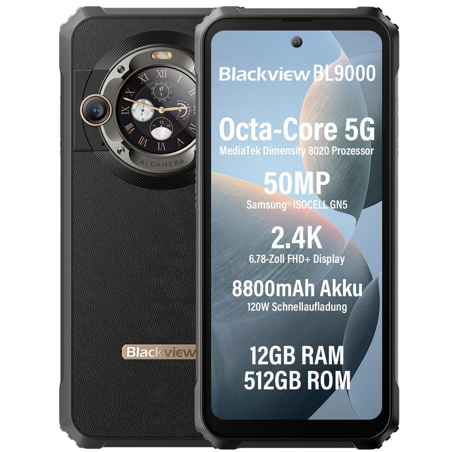 blackview BL9000 2.4K Display 5G outdoor handy AI Smartphone (6.78 Zoll, 50 MP Kamera, 2.4k, MediaTek Dimensity 8020, 120W, Doppeldisplay, Ohne Vertrag)