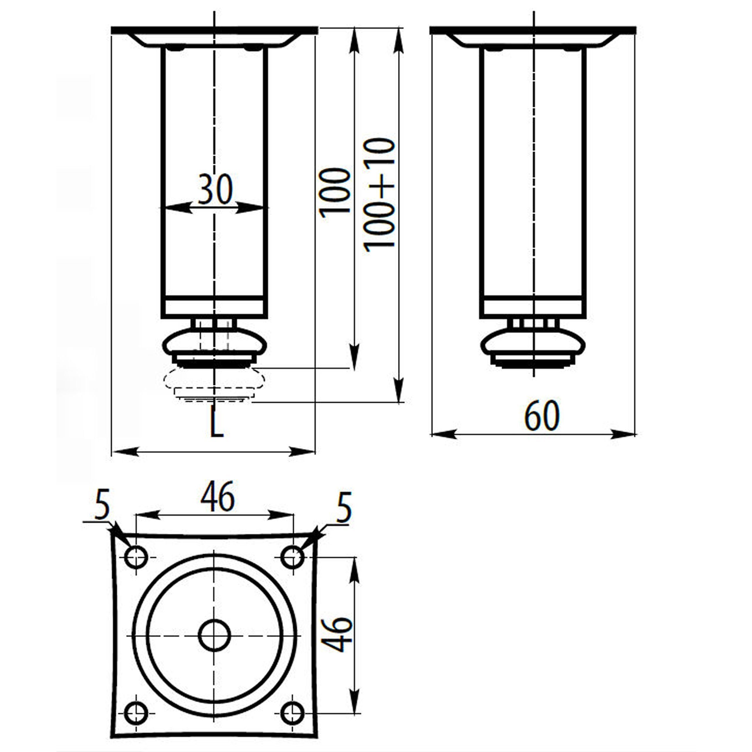 SO-TECH® Möbelfuß Möbelfuß mit Höhenverstellung Ø 30 mm Höhe: 100-150 mm, Höhe 100 mm, Edelstahloptik gebürstet mit Bodengleiter – Bild 4 von 5