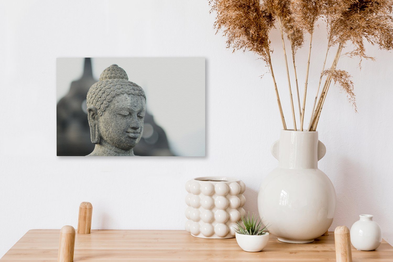 (1 cm Leinwandbild Stein, OneMillionCanvasses® 30x20 Skulptur Wanddeko, Leinwandbilder, St), Aufhängefertig, Buddha Wandbild Kopf