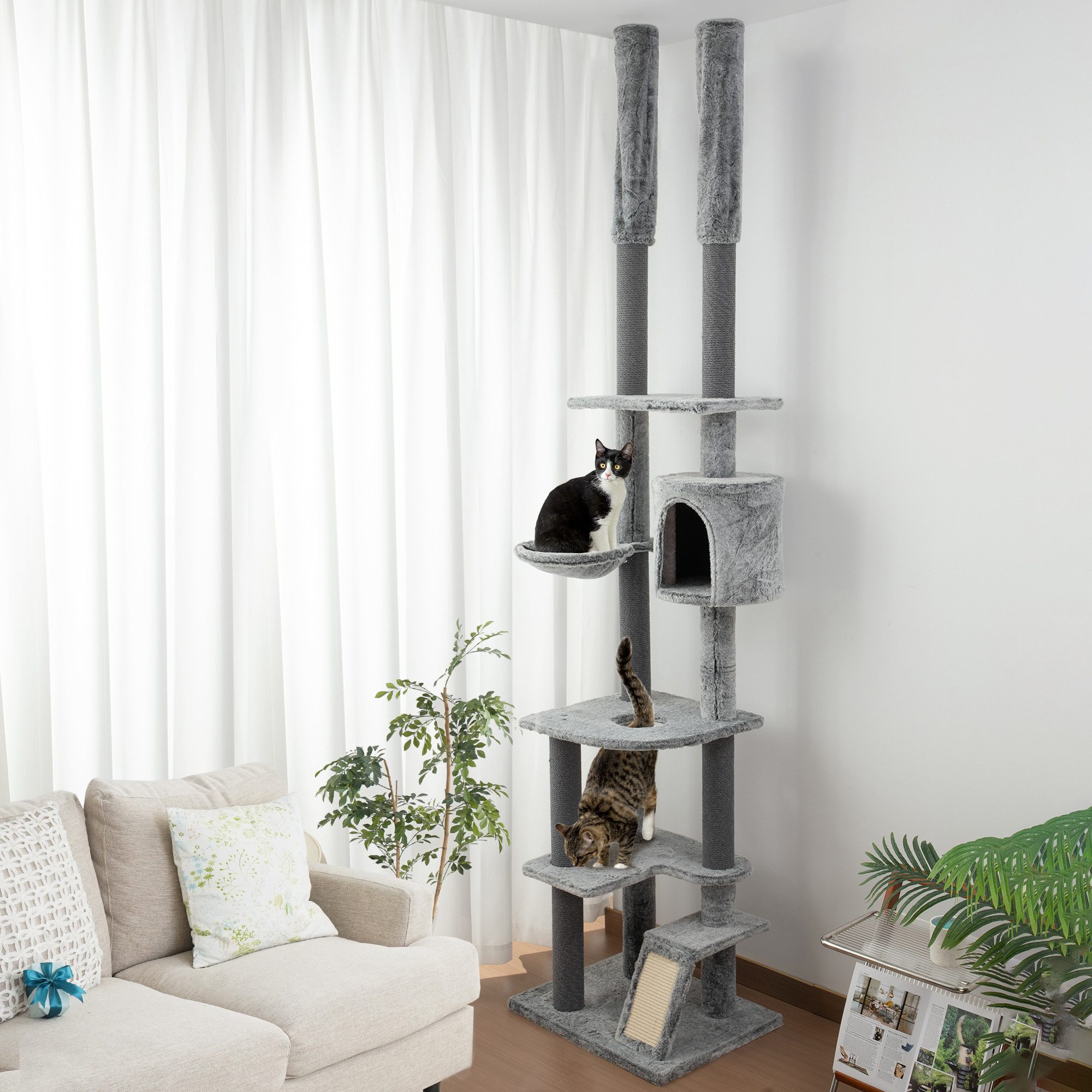 Thumbnail - PawHut Kratzbaum Deckenhoch, 225-255 cm, mit Katzenhöhle, Kratzstämmen, Korb, Spielball, mit Kippschutz, Grau