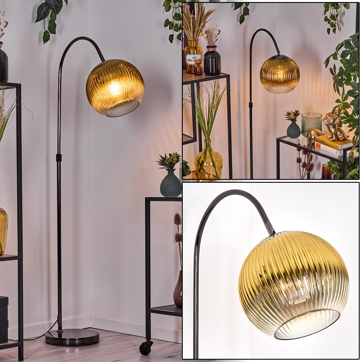 Stehlampe Stehlampe Metall/Riffelglas in Schwarz/Chrom/Gold/Klar im Retro-Design