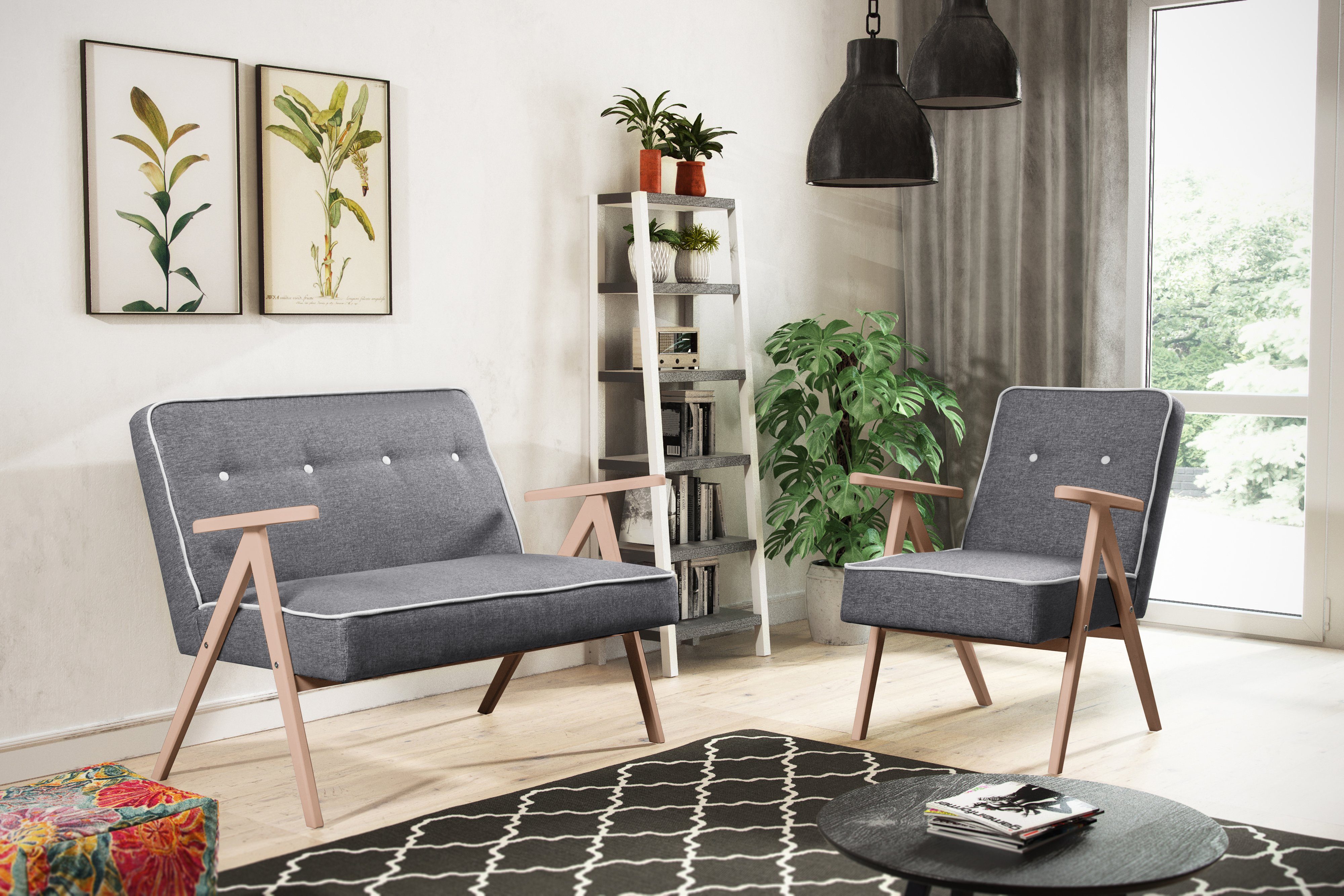 Beautysofa Polstergarnitur ADEL, Set besteht aus 2-Sitzer Sofa und 2x Sessel, inklusive Wellenfedern Dunkelgrau (softi 11 + softi 08)
