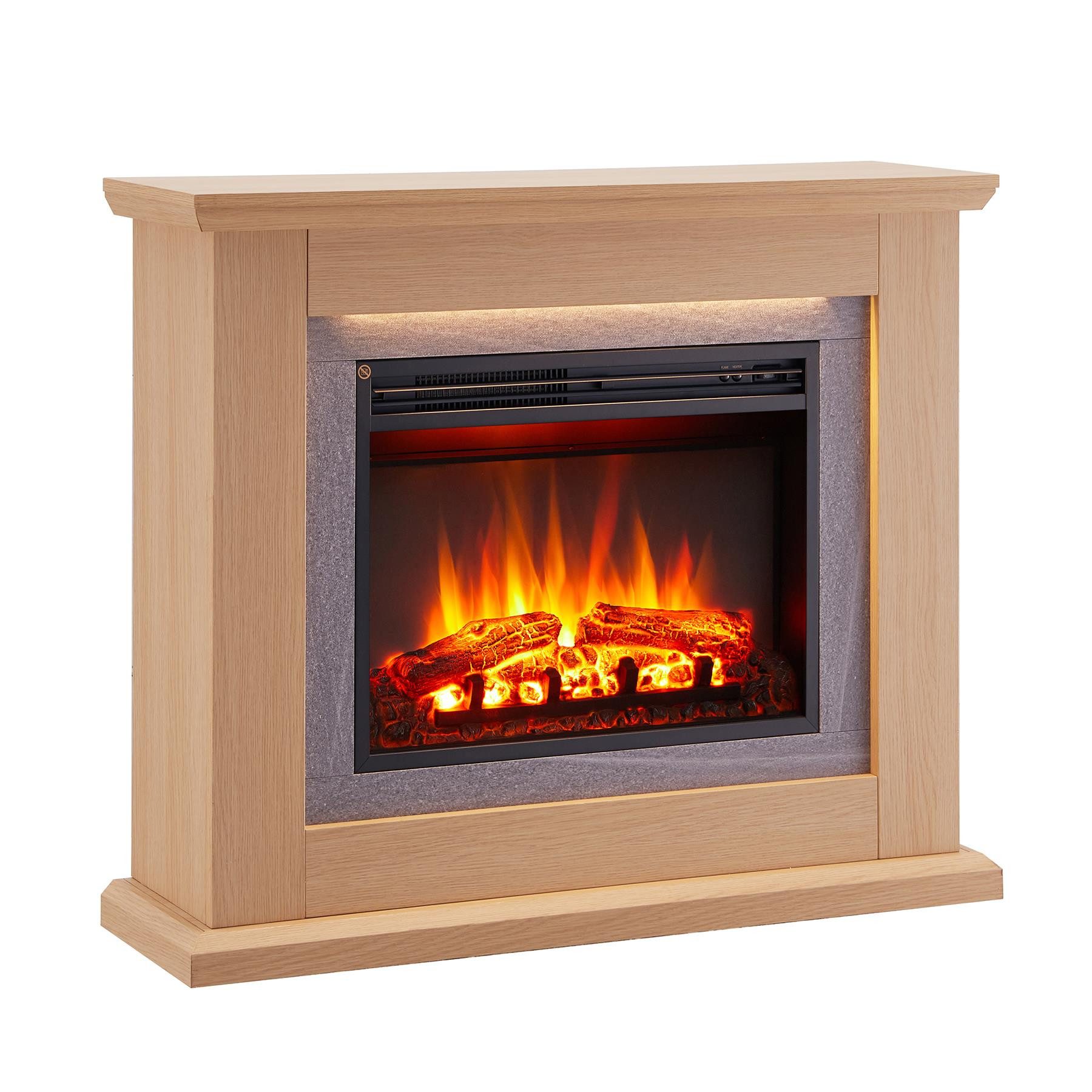 Balderia Elektrokamin Charon Standkamin mit Heizung 2000 W, helle Eiche, Standkamin mit Heizung 2 kW, LED-Flamme, Fernbedienung, Hellbraun