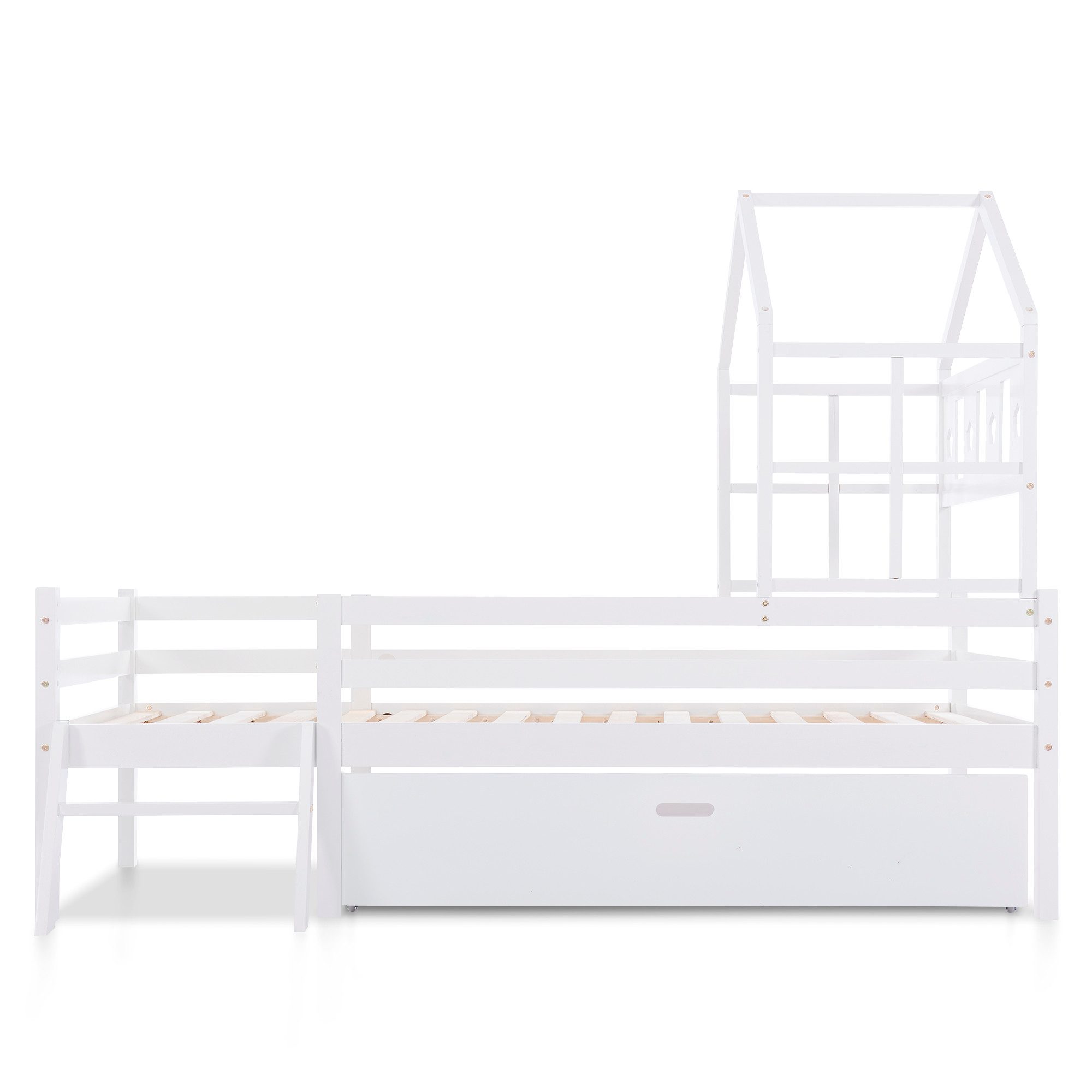 Merax Massivholzbett, Kinderbett in Spielturm-Form, Hausbett 90x200cm