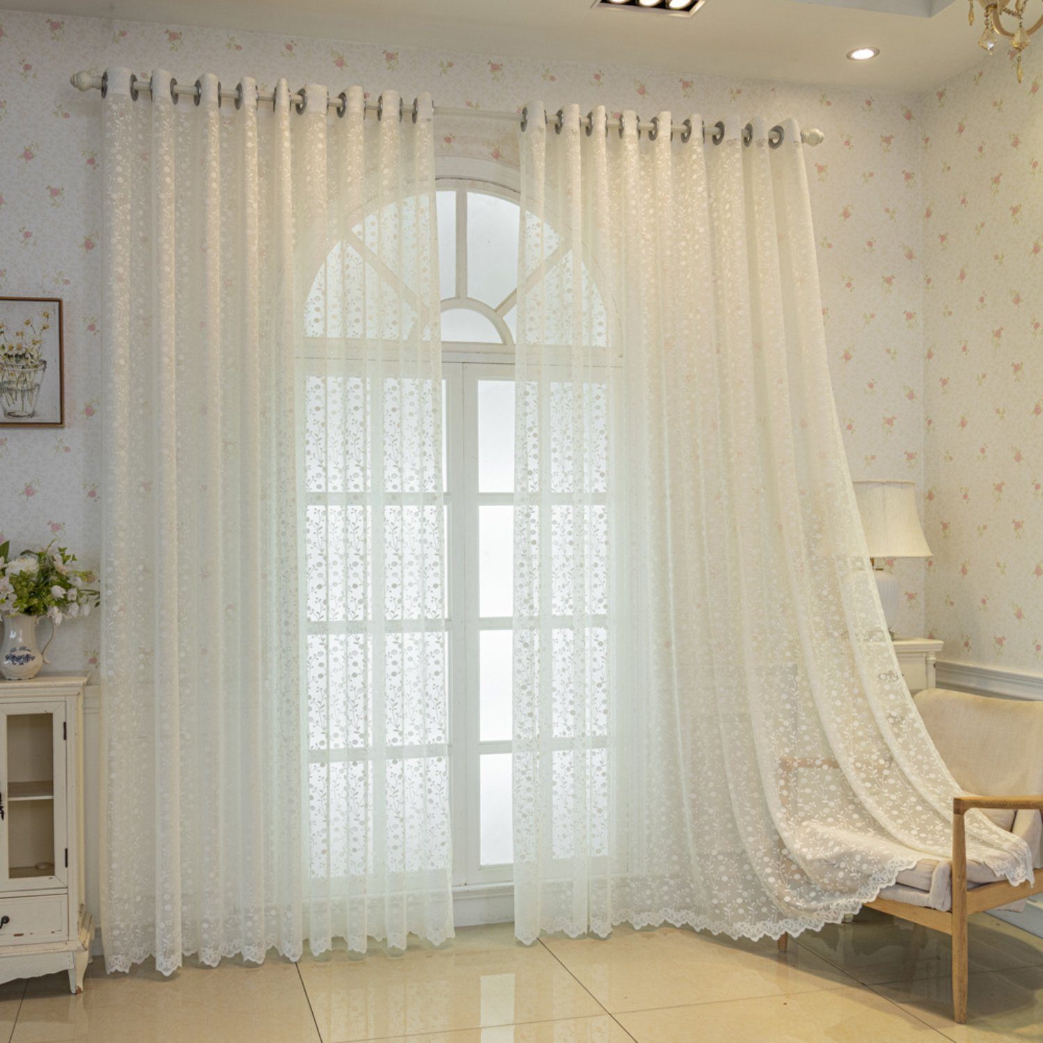 Weiß HOMEIDEAS, Ösen halbtransparent, St), (2 Voile-Fenstervorhang Gardine, Polyester, Blumen