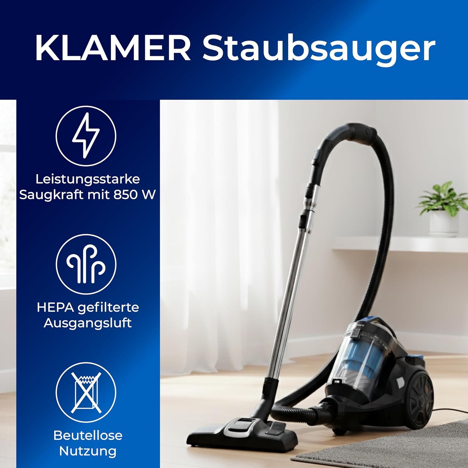 KLAMER Bodenstaubsauger 850 Watt Kabel Staubsauger, 850 W, beutellos, Beutelloses System, HEPA H12 Filter, Vielseitiges Zubehör
