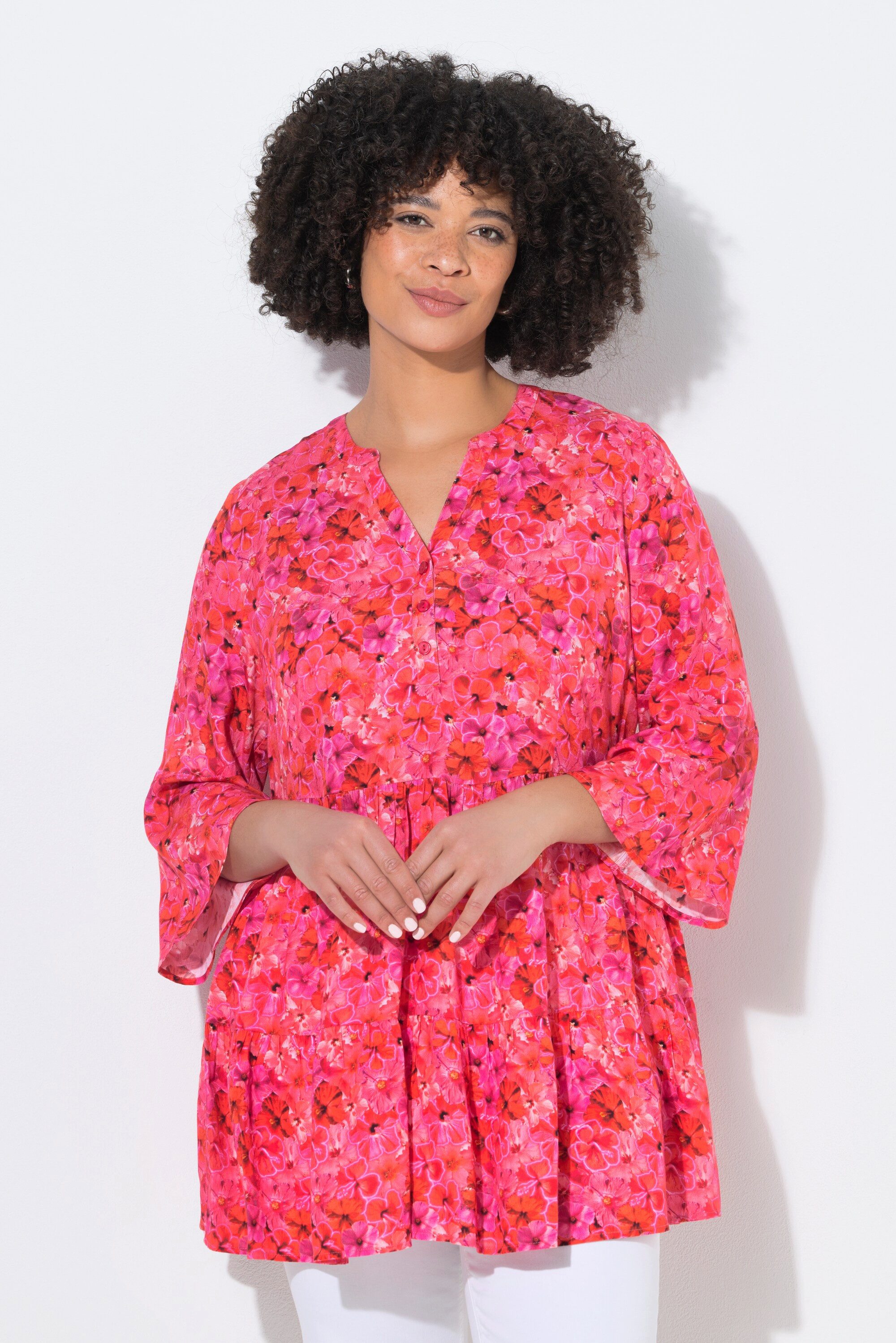 Angel of Style Longbluse Bluse A-Linie Blumen-Muster 3/4-Ärmel Volants