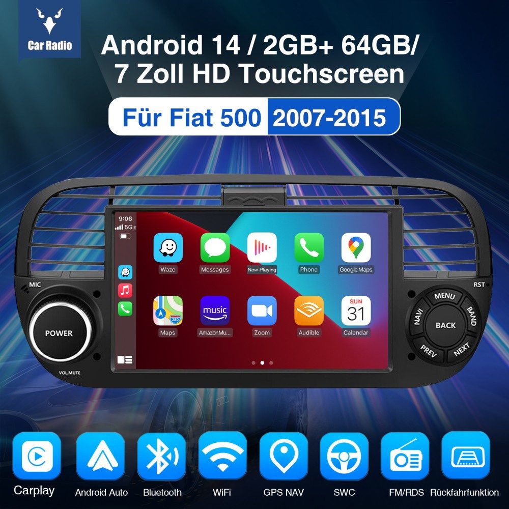 ESSGOO DAB+ Für 2007-15 Fiat 500 7" Android15 Carplay GPS RDS NAVI 4+64GB Autoradio (FM, RDS, 4+64GB(optional), DAB+ (optional), DAB (optional), Touchscreen GPS Navi Apple Carplay & Android Auto)