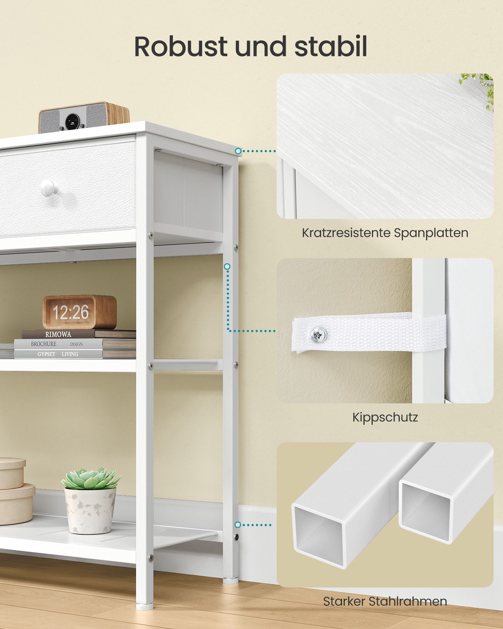 SONGMICS Konsolentisch Flurtisch mit 2/3 Stoffschubladen und 2 Gitterablagen, 98,8 x 30 x 78,7 cm, für Wohnzimmer und Eingangsbereich, Beistelltisch – Bild 4 von 5