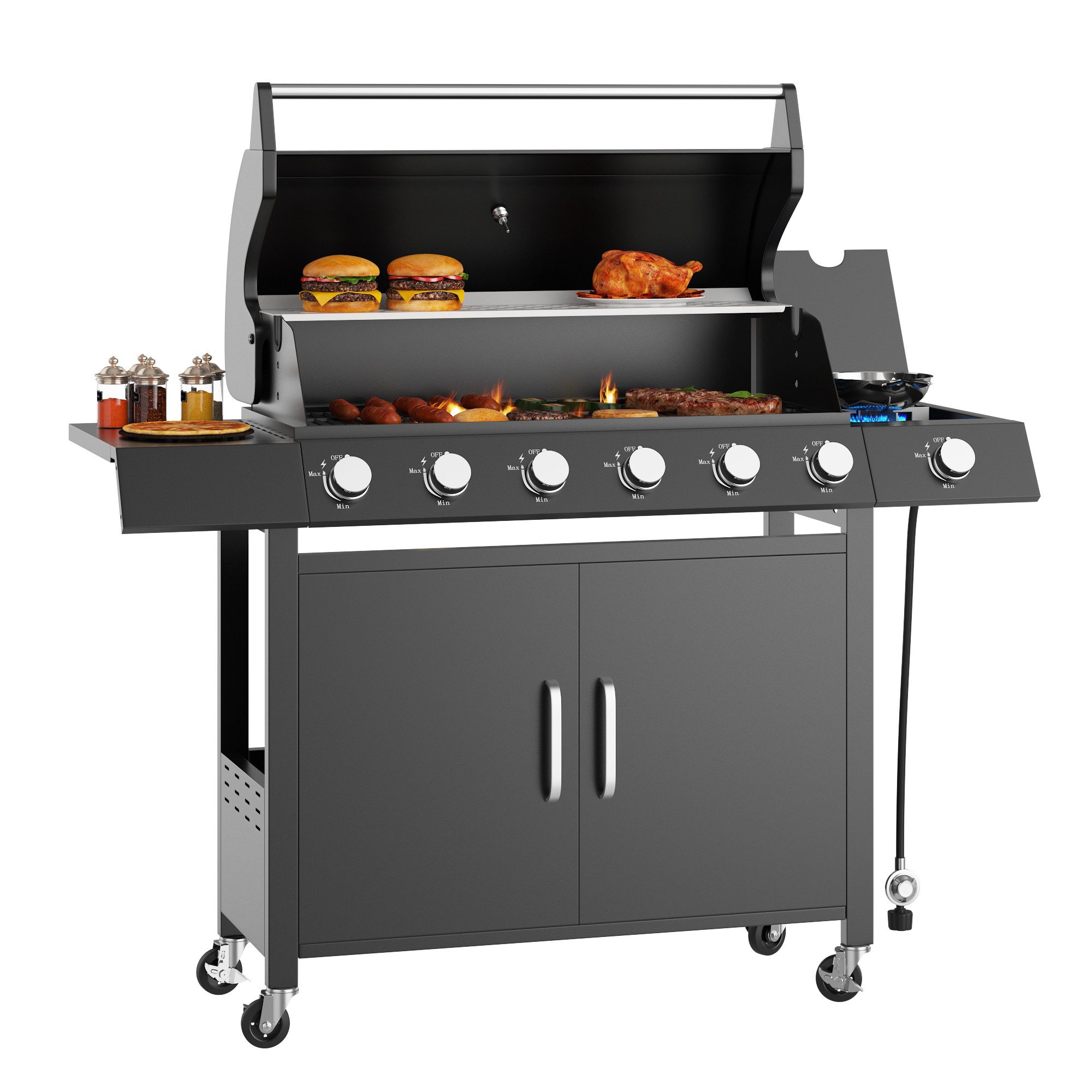GarveeMore Standgrill Gasgrill 6+1 Brenner mit Seitenkocher,60.000 BTU BBQ Grillwagen, mit Thermometer, Unterschrank und Rollen