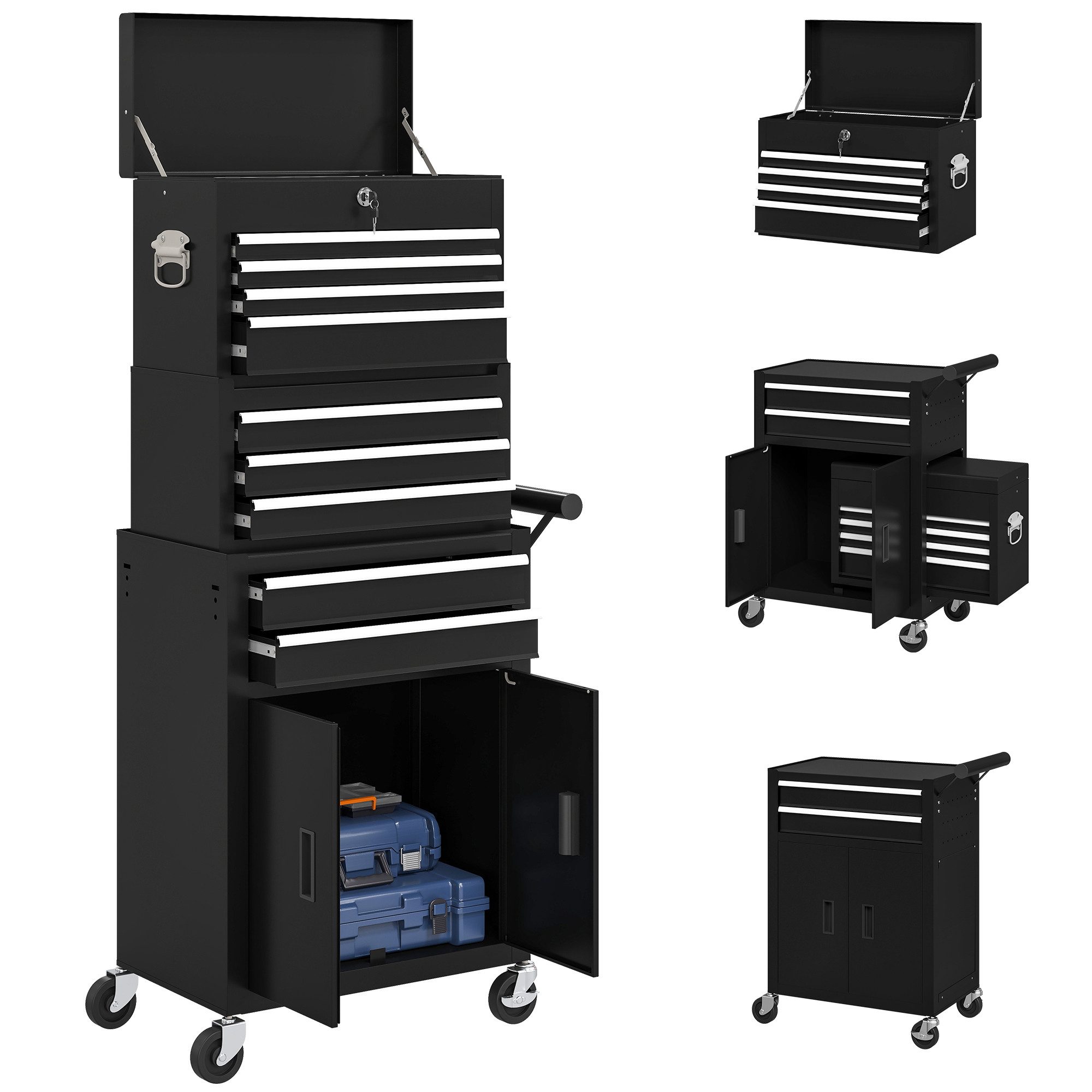 HOMCOM Werkstattwagen 3-in-1 Werkzeugkiste, mit 4 Rollen, max. Traglast:100 kg, 0-tlg. Werkzeugset, (Werkzeugwagen, 1-tlg., Werkzeugschrank), für Garage, Werkstatt, Schwarz