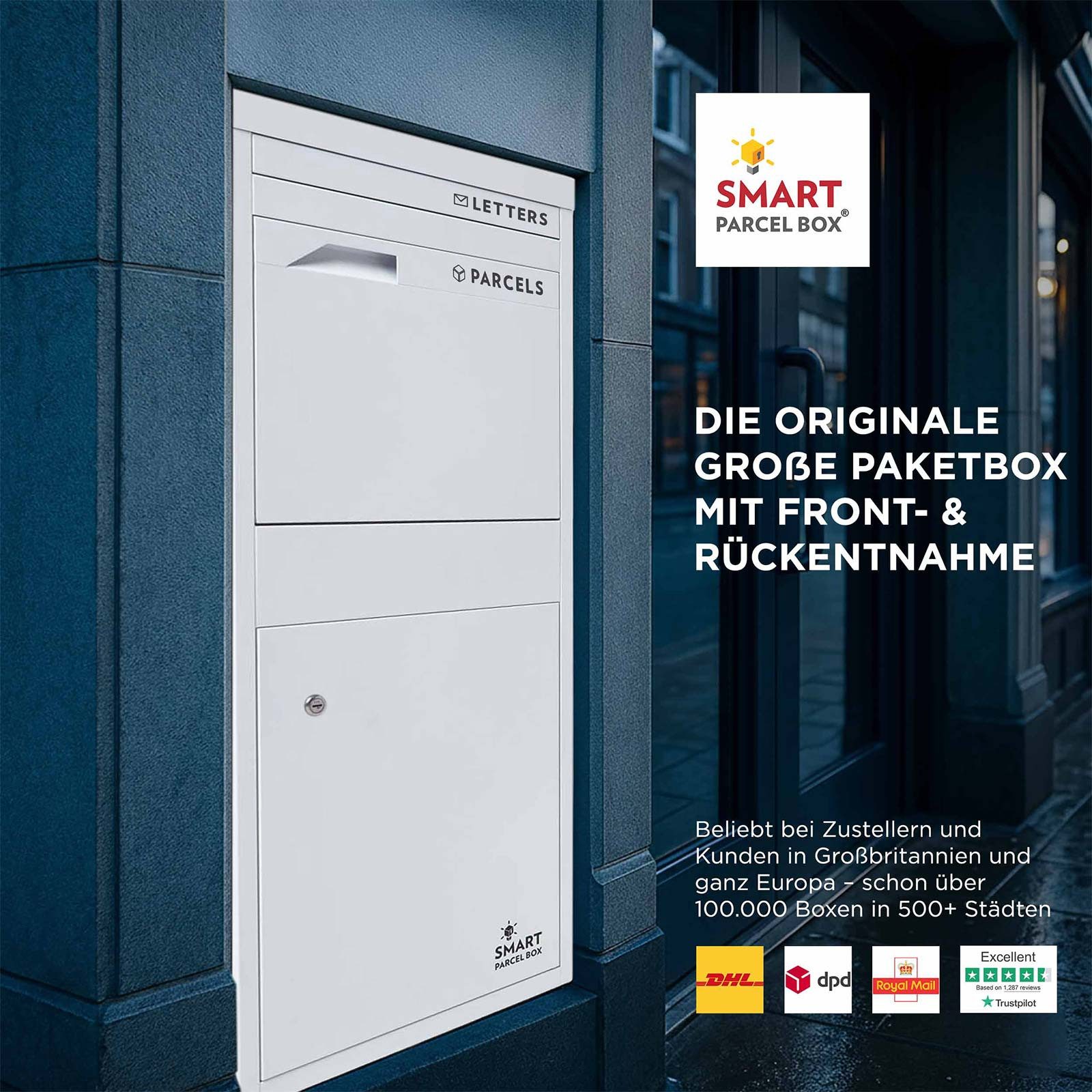 Smart Parcel Box Paketbriefkasten Großer Paketbriefkasten, Entnahme hinten & vorne, weiß