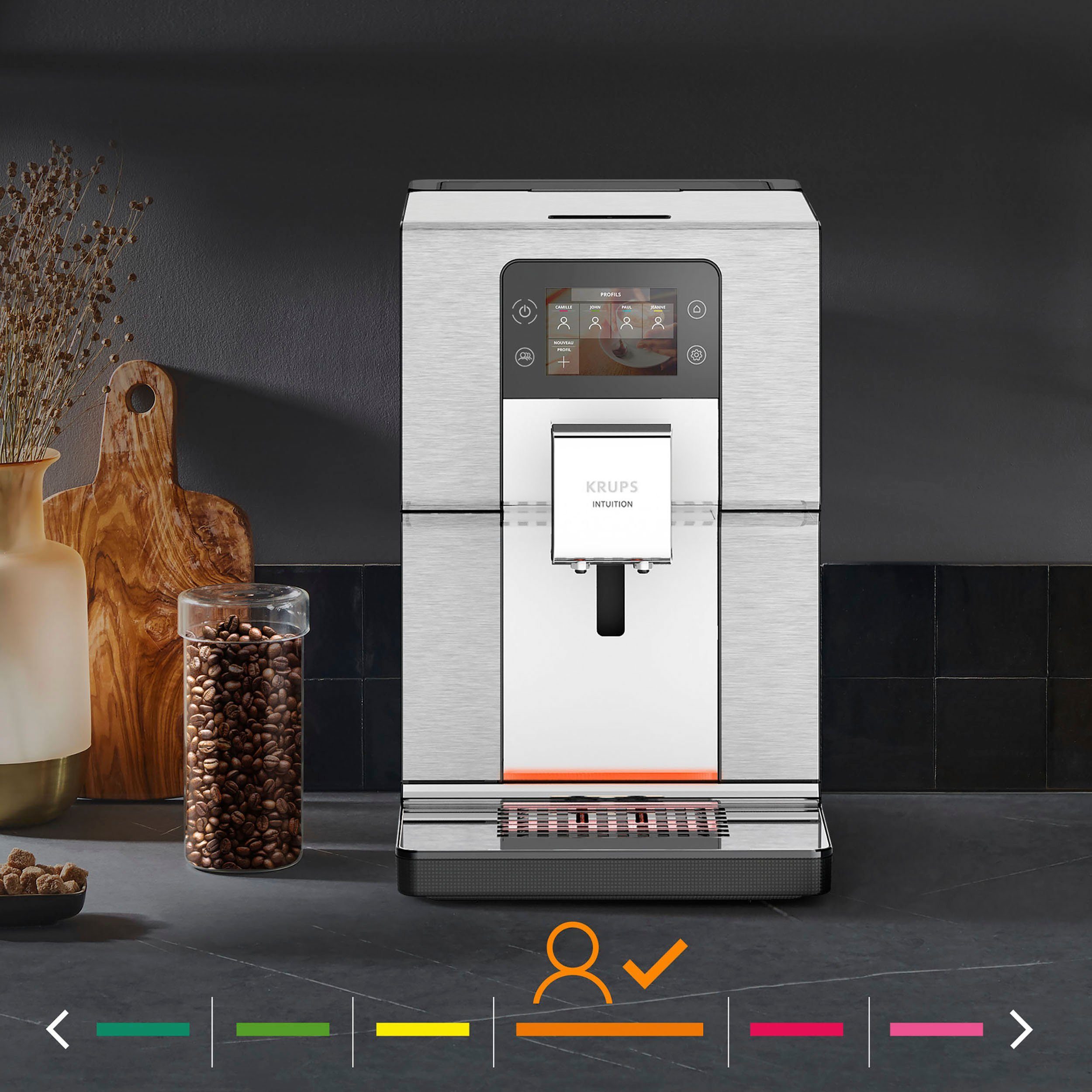 Krups Kaffeevollautomat EA877D Intuition Farb-Touchscreen 21 Kaltgetränke-Spezialitäten, geräuscharm, Experience+, Heiß- und
