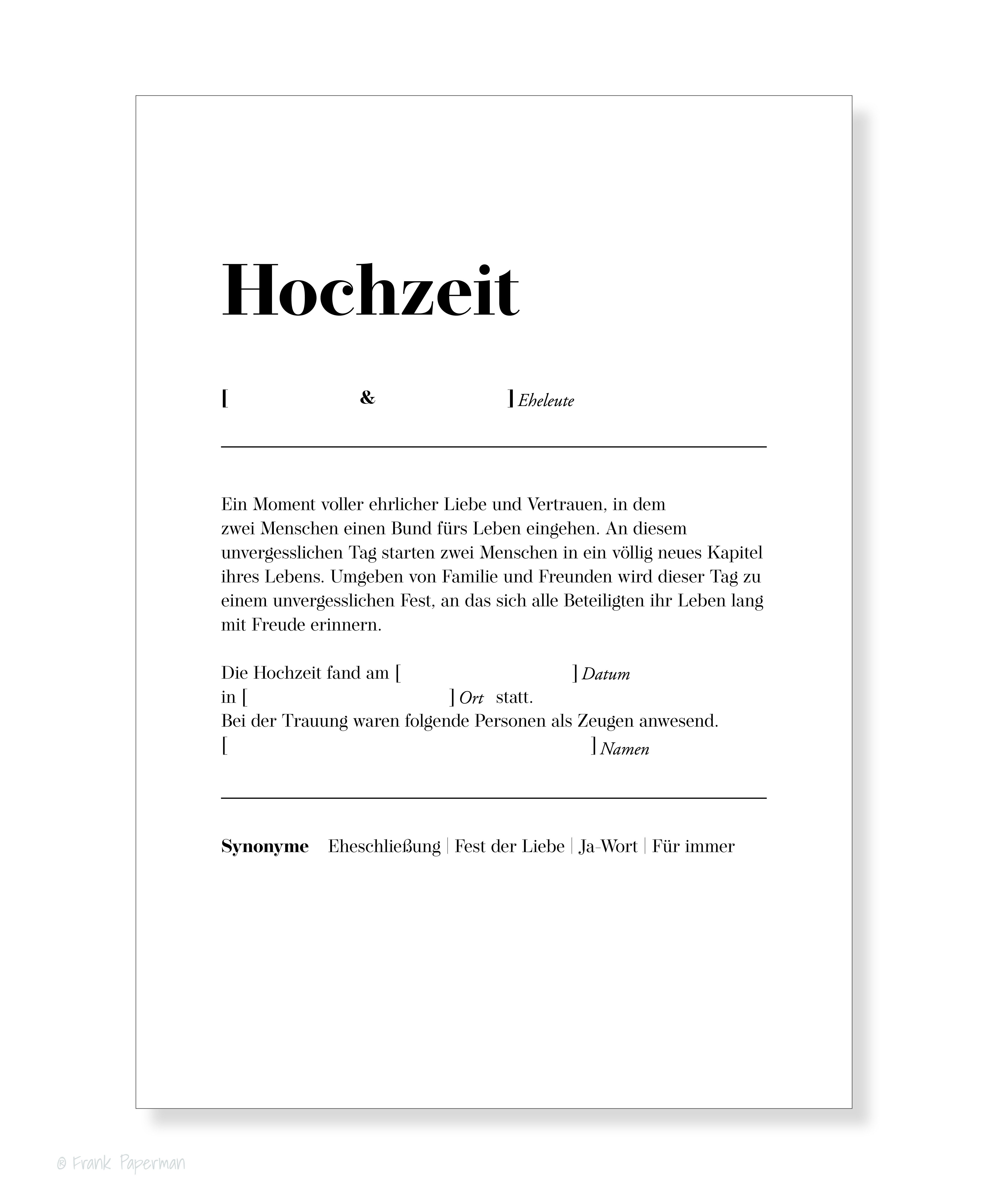 Frank Paperman Hochzeitskarte Urkunde Eheschließung, Urkunde Trauzeuge, Definition Design, orginelle Hochzeitsgeschenke, Vordruck im DIN-A4-Format, Standesamt