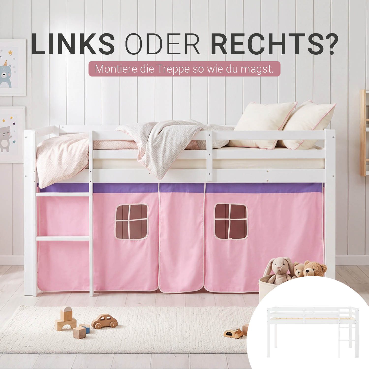 Homestyle4u Hochbett Kinder mit Rutsche mit / ohne Matratze 90x200 Rosa Mädchen (Spar-Set, Matratze mit OEKO-TEX® Standard 100) Kiefer, Jungen Mädchen – Bild 4 von 5