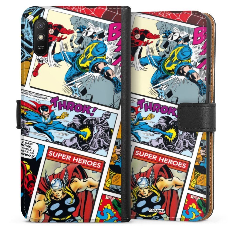 DeinDesign Handyhülle Marvel Retro Comic Blue, Xiaomi Redmi 9A Hülle Handy Flip Case Wallet Cover Handytasche Leder